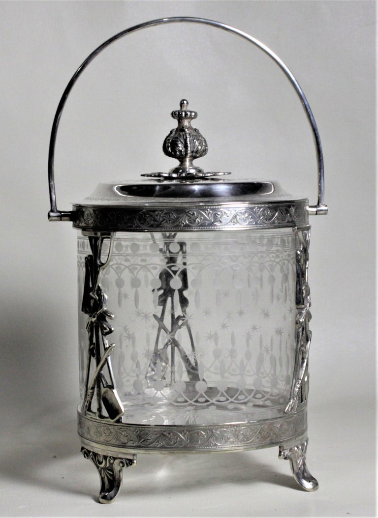 Antique Silver Plated Biscuit Barrel with Figural Decor and Etched