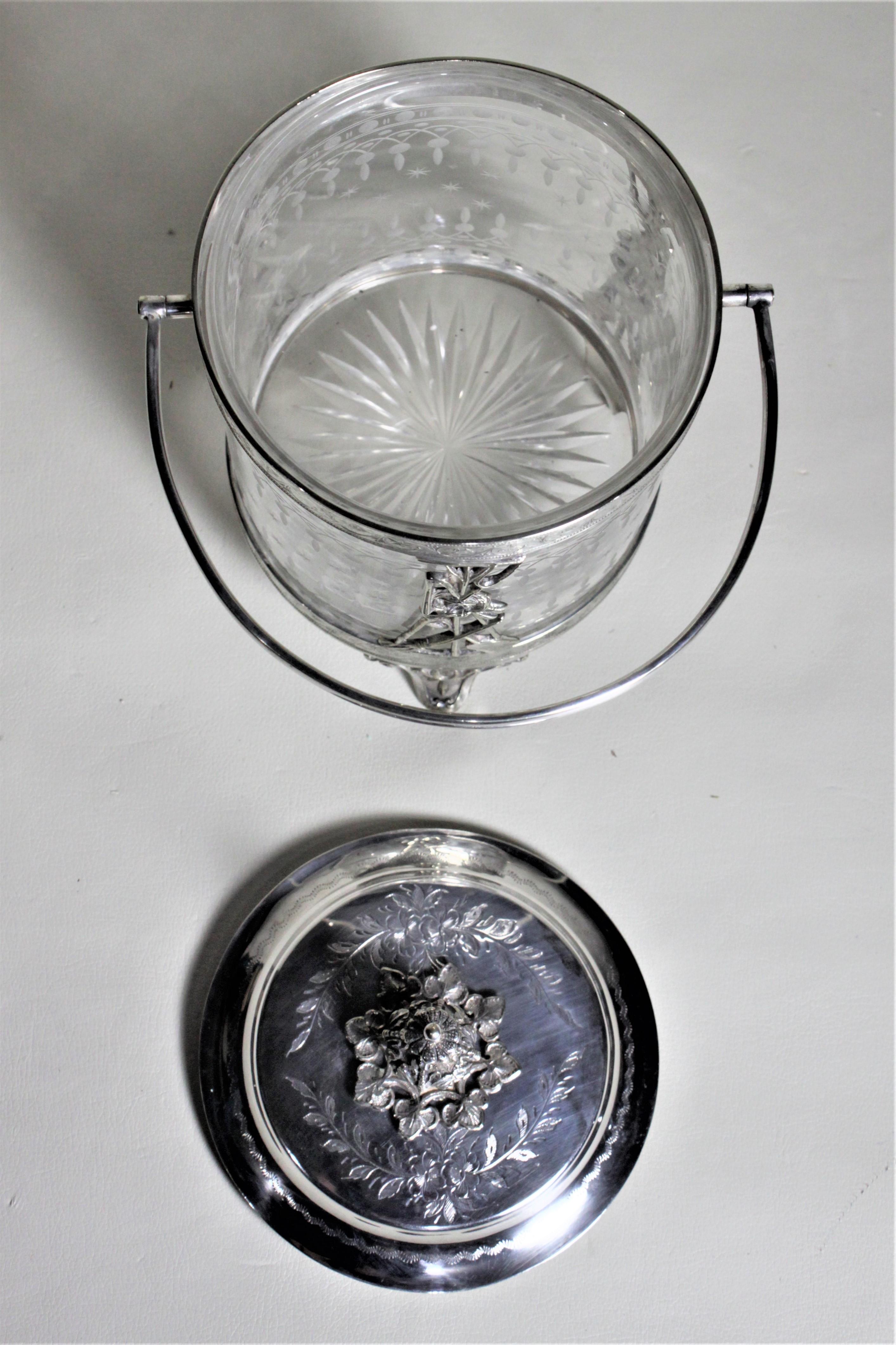 20th Century Antique Silver Plated Biscuit Barrel with Figural Decor & Etched Glass Insert