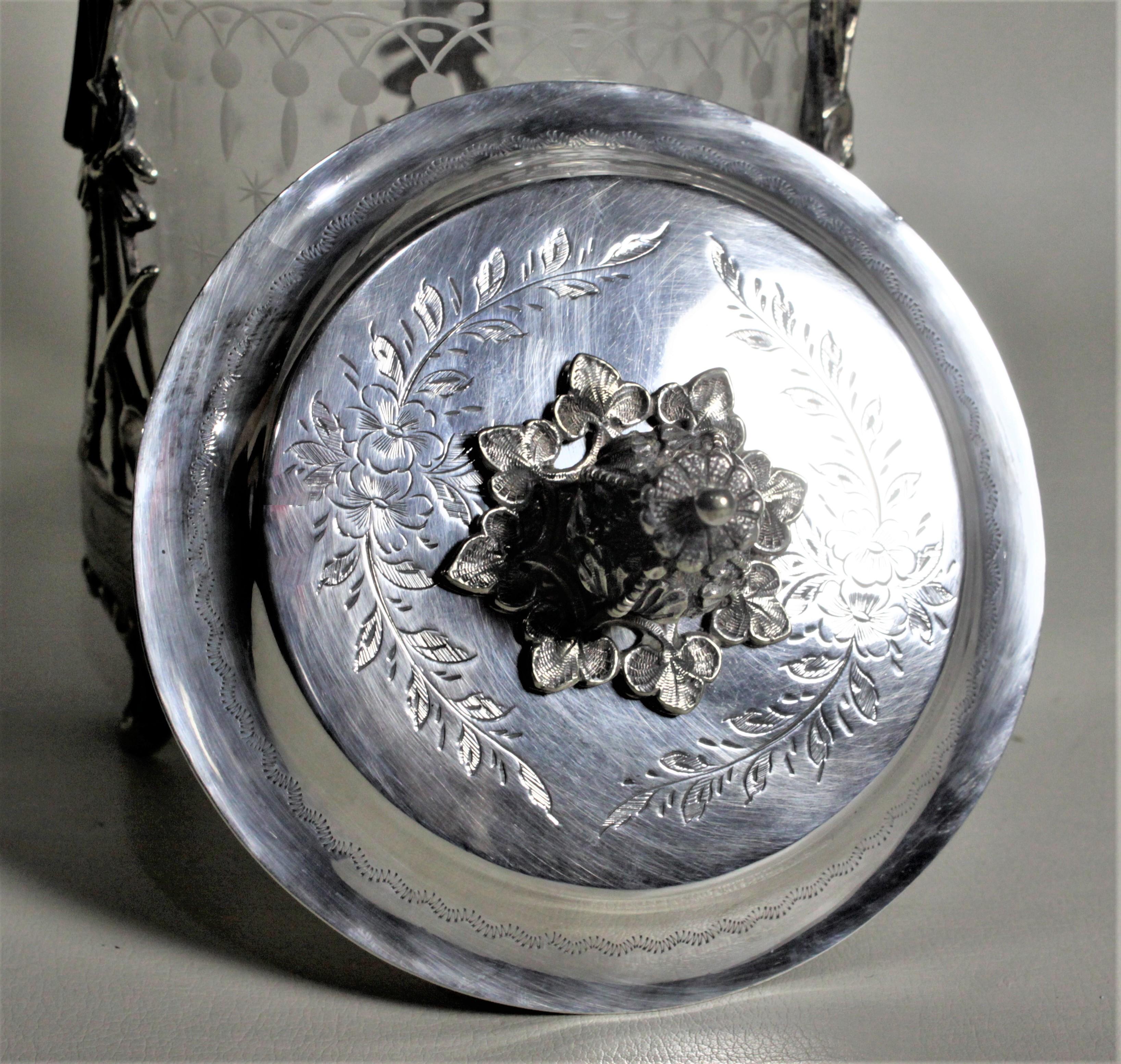Antique Silver Plated Biscuit Barrel with Figural Decor & Etched Glass Insert 1