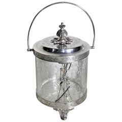 Antique Silver Plated Biscuit Barrel with Figural Decor & Etched Glass Insert