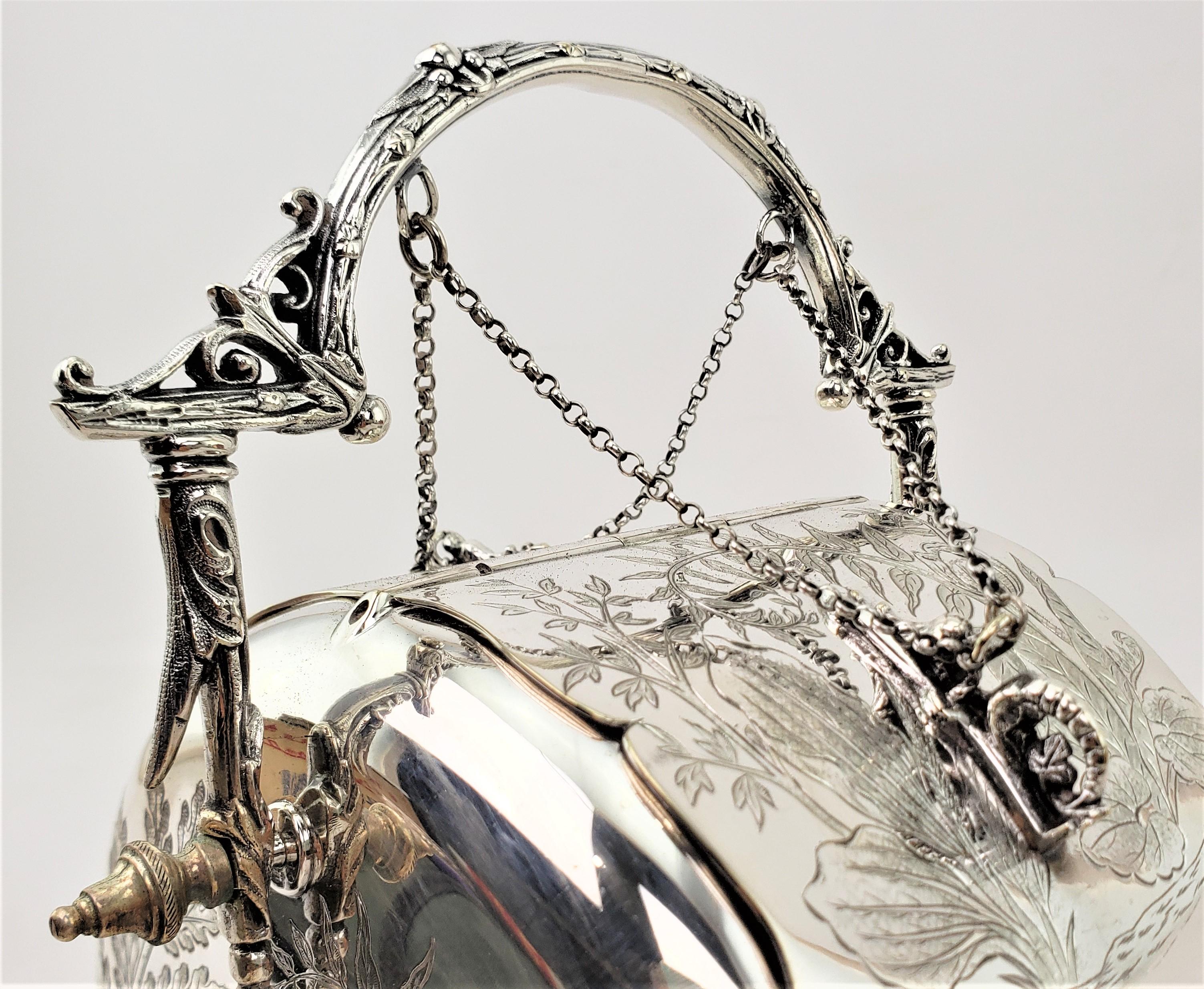 Antique Silver Plated Biscuit Barrel with Pull Chain Lids & Engraved Foliage 5