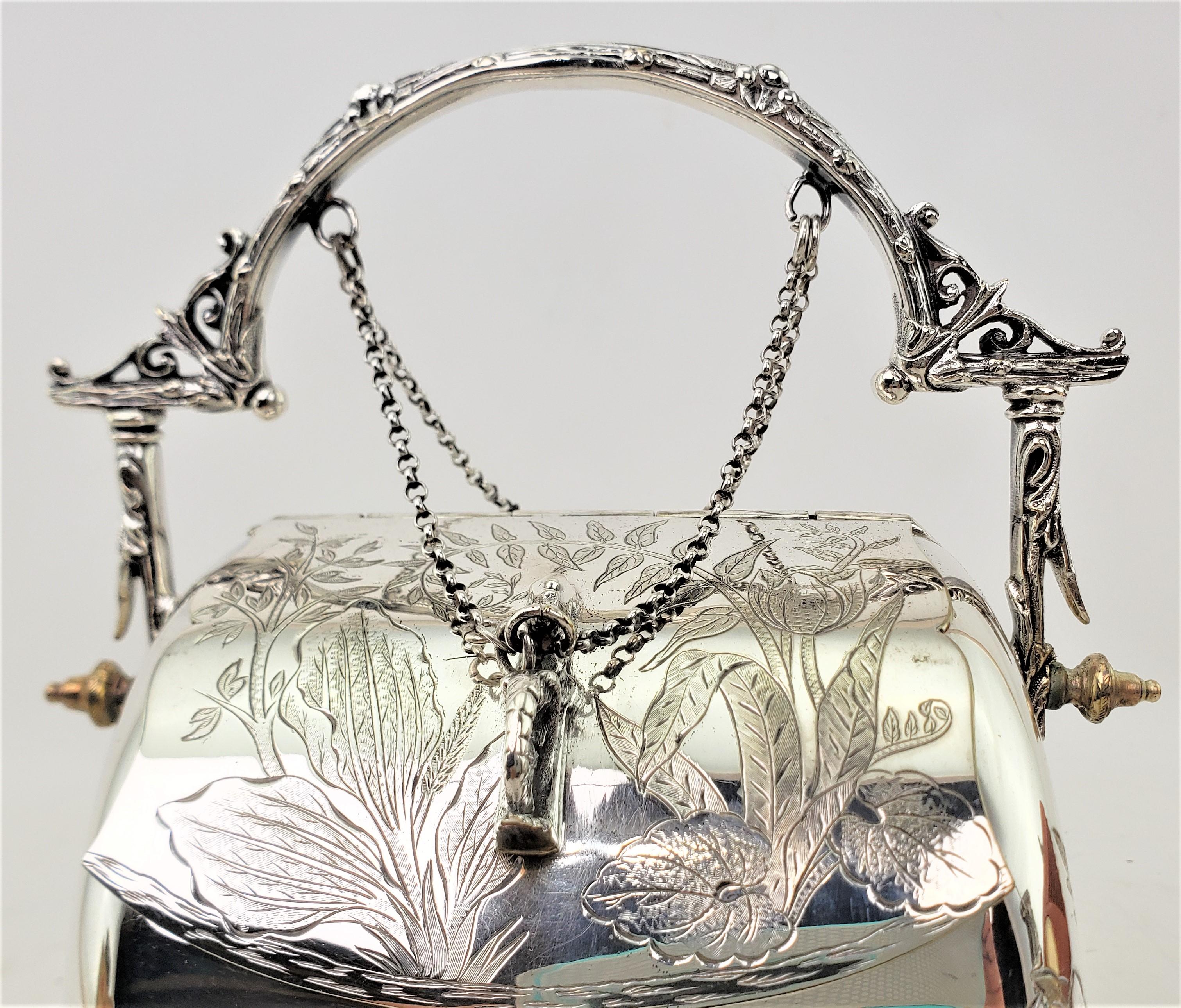 Antique Silver Plated Biscuit Barrel with Pull Chain Lids & Engraved Foliage 6