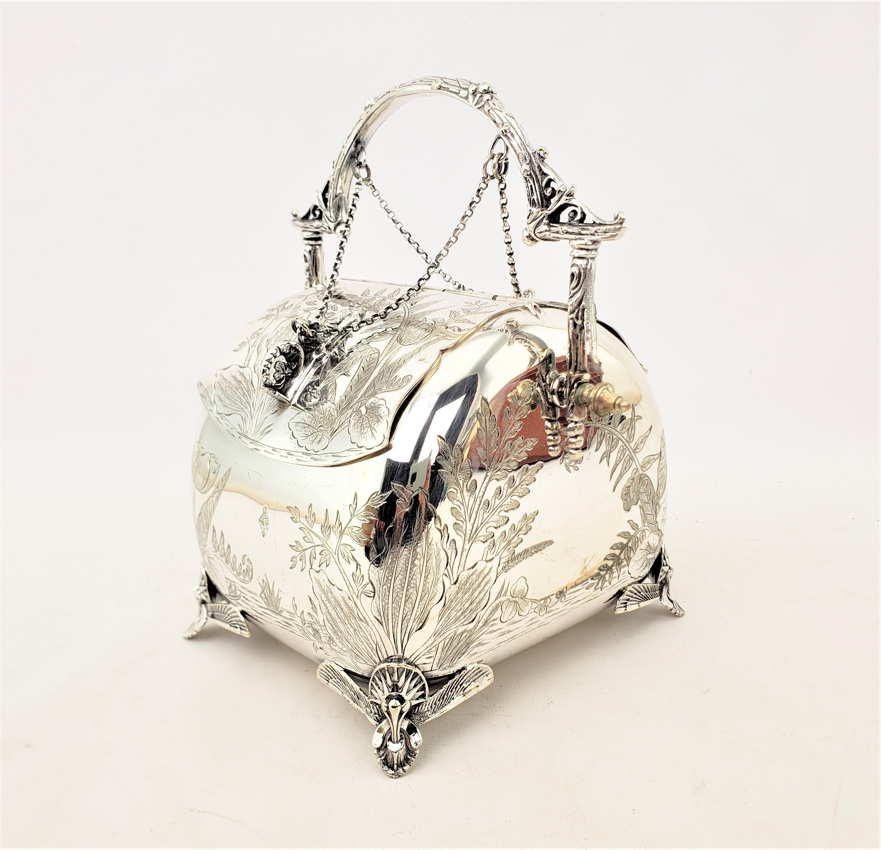 Victorian Antique Silver Plated Biscuit Barrel with Pull Chain Lids & Engraved Foliage