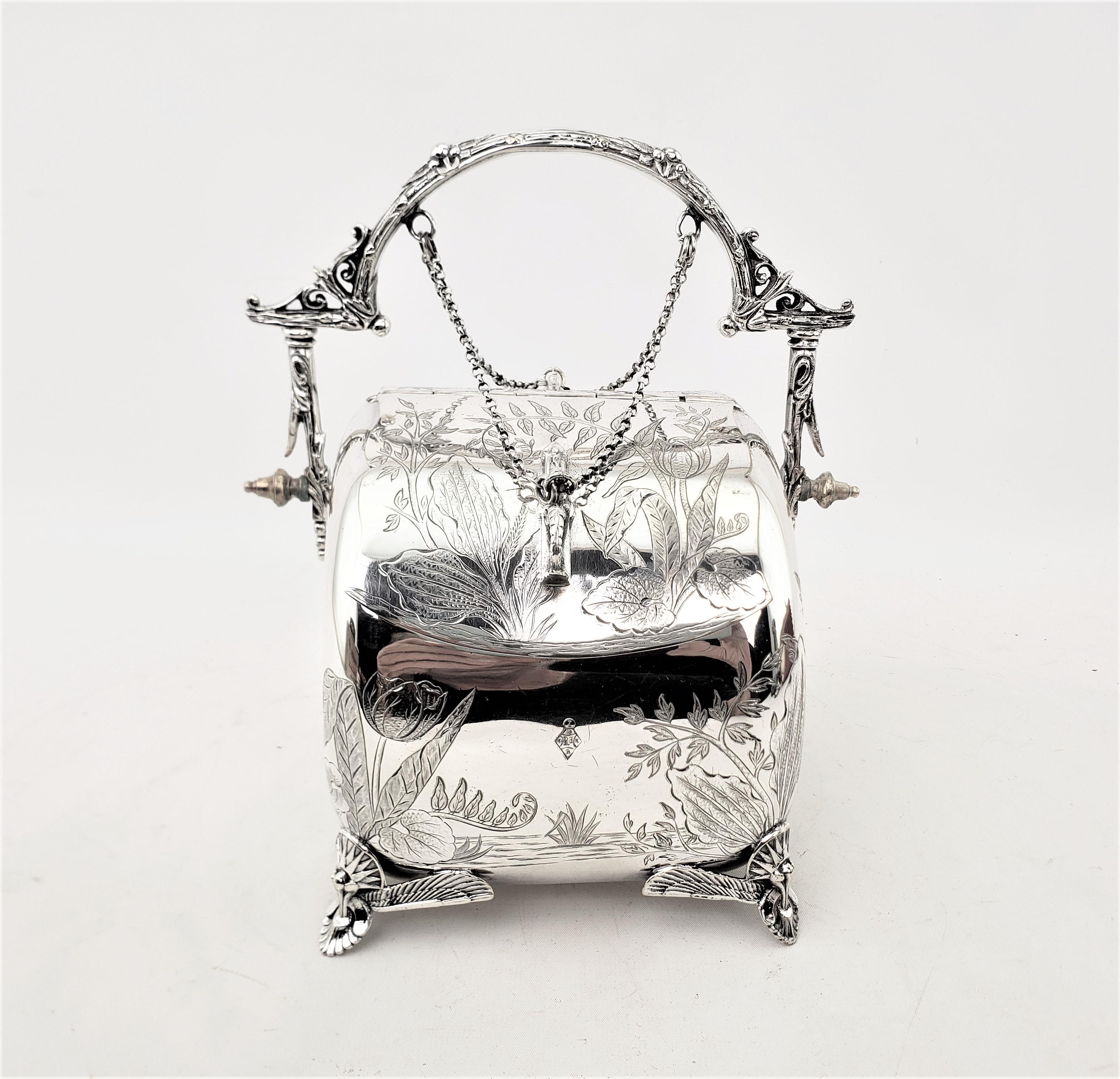 English Antique Silver Plated Biscuit Barrel with Pull Chain Lids & Engraved Foliage