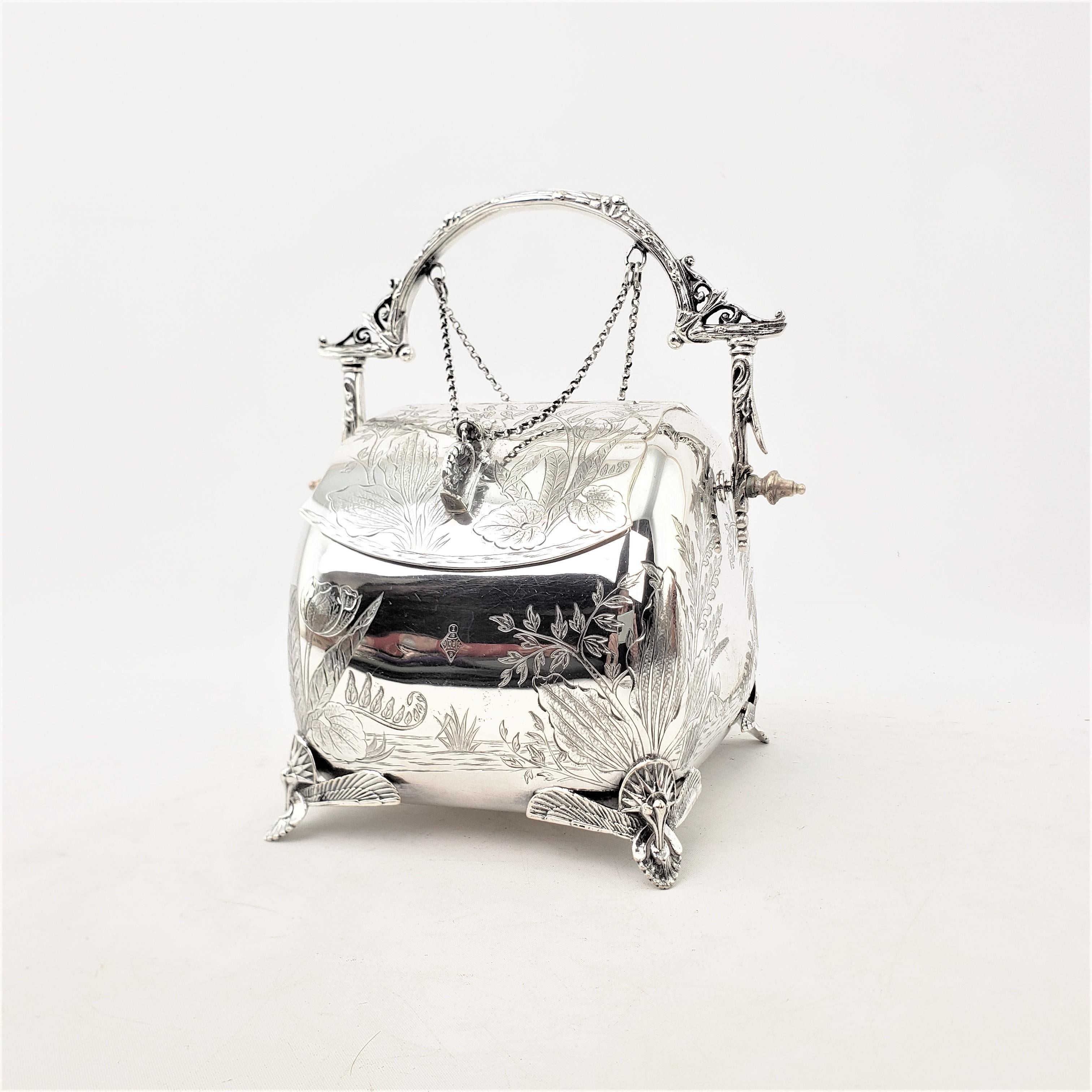 Machine-Made Antique Silver Plated Biscuit Barrel with Pull Chain Lids & Engraved Foliage
