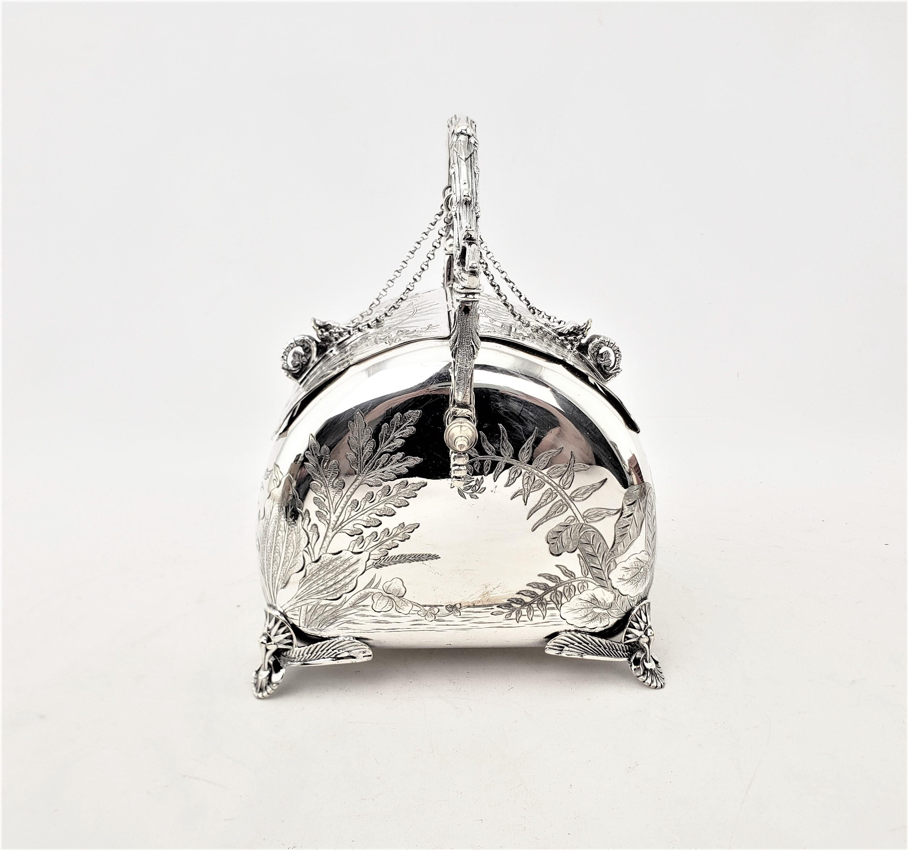 Antique Silver Plated Biscuit Barrel with Pull Chain Lids & Engraved Foliage In Good Condition In Hamilton, Ontario