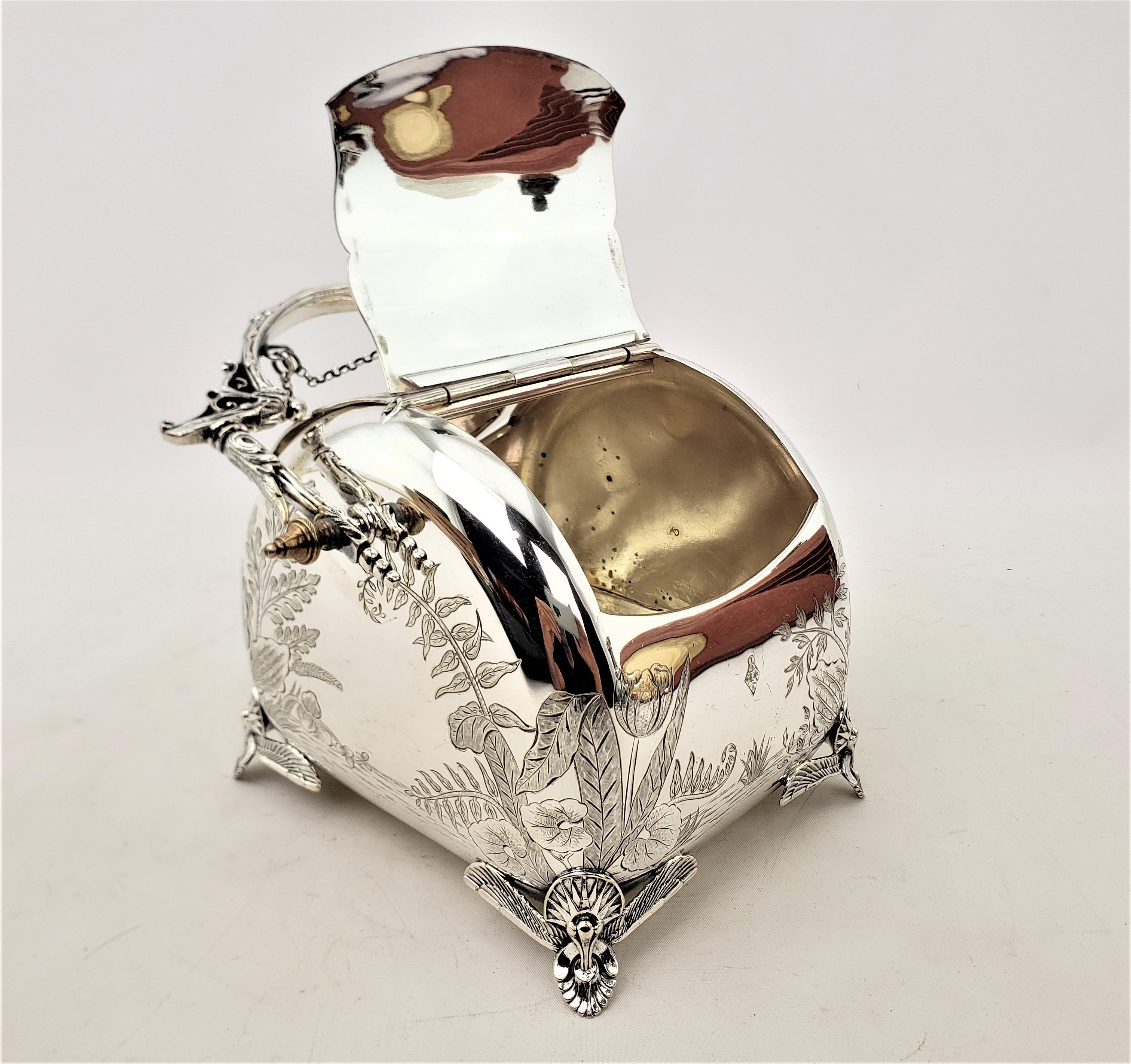 20th Century Antique Silver Plated Biscuit Barrel with Pull Chain Lids & Engraved Foliage