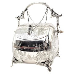 Antique Silver Plated Biscuit Barrel with Pull Chain Lids & Engraved Foliage