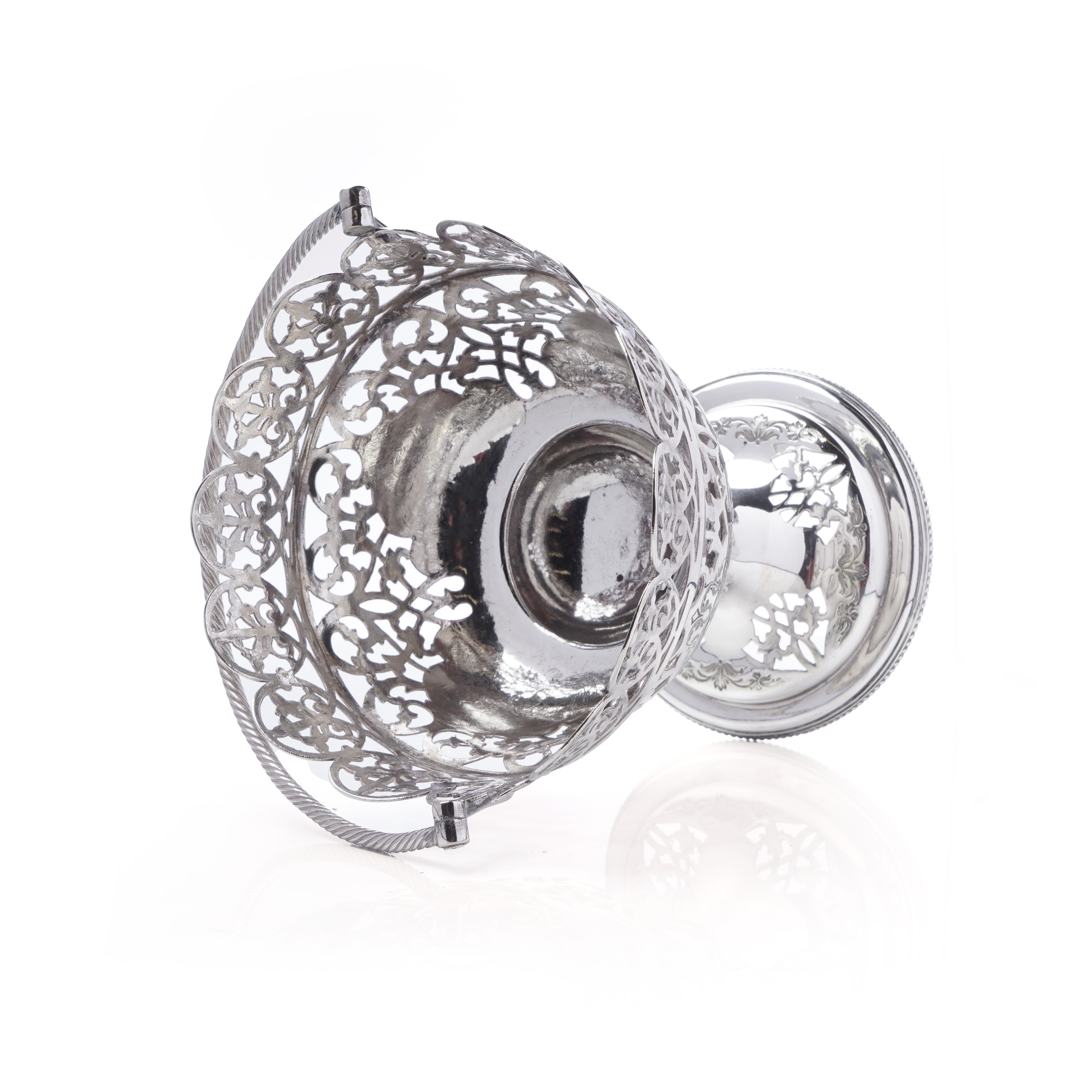 Silver Plate Antique Silver-Plated Bon Bon Dish with Cobalt Blue Glass Liner For Sale