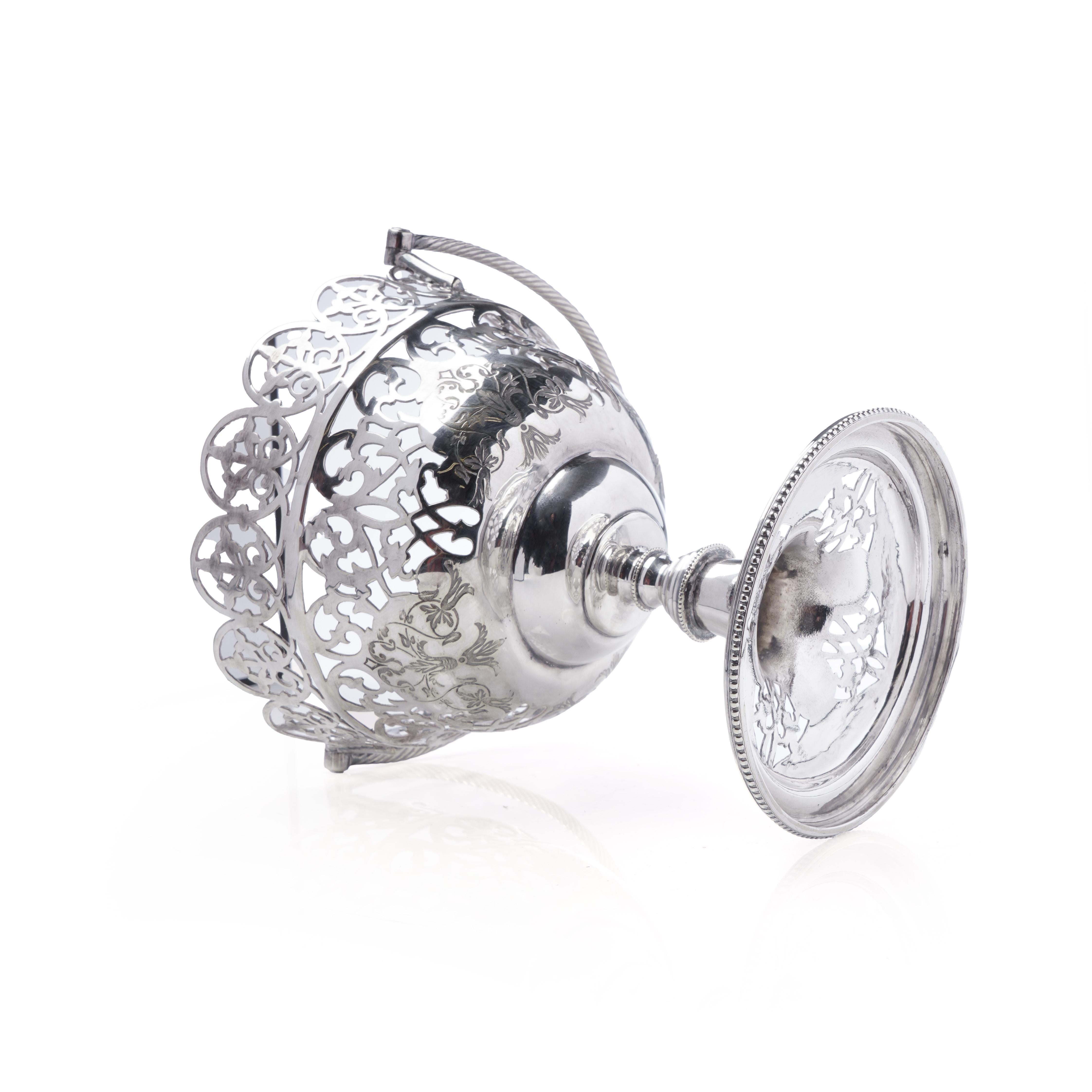 Antique Silver-Plated Bon Bon Dish with Cobalt Blue Glass Liner For Sale 1