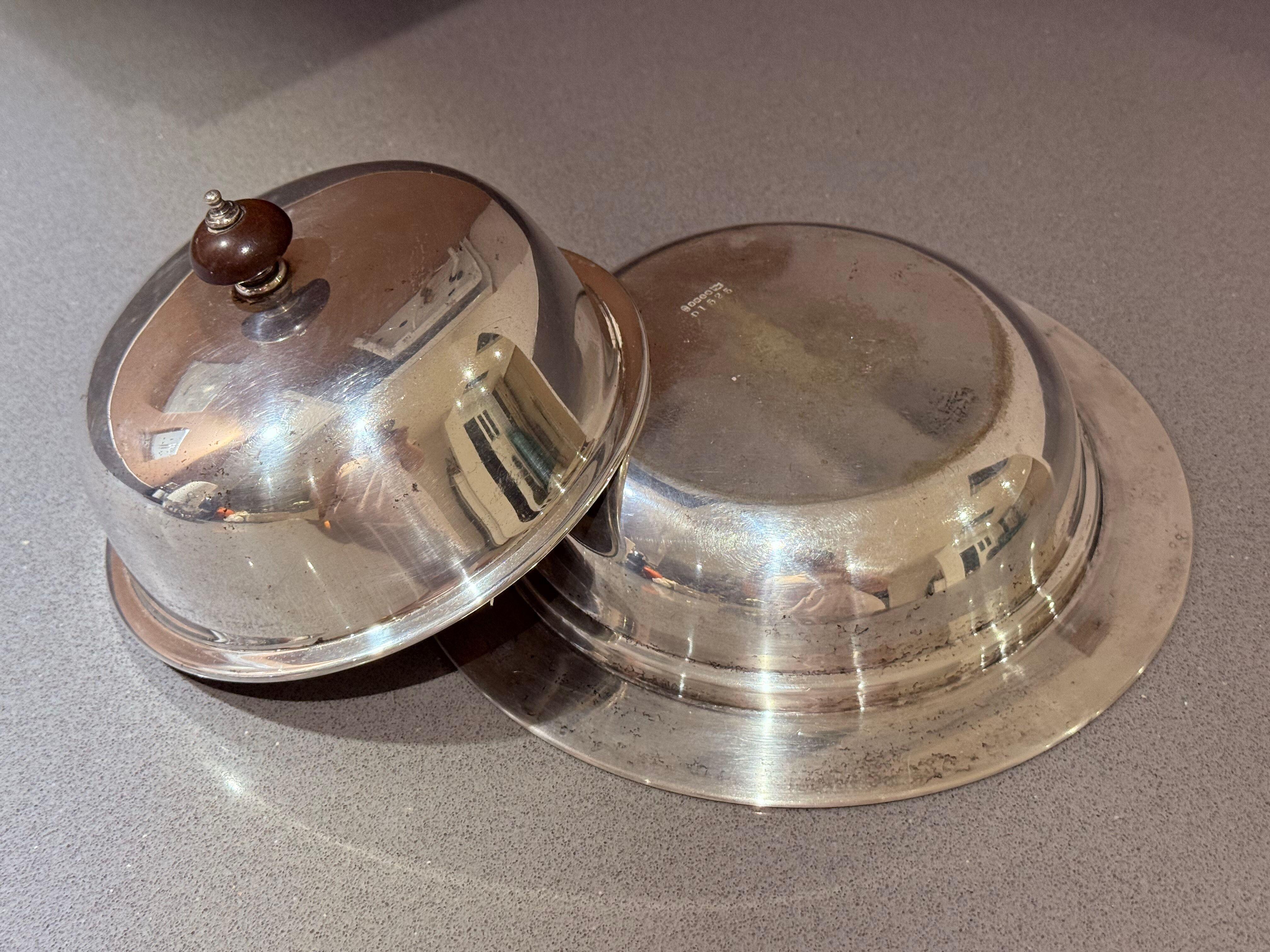 Antique Silver-Plated Butter Dish with Wooden Knob, Caviar Dish Tableware Home For Sale 2