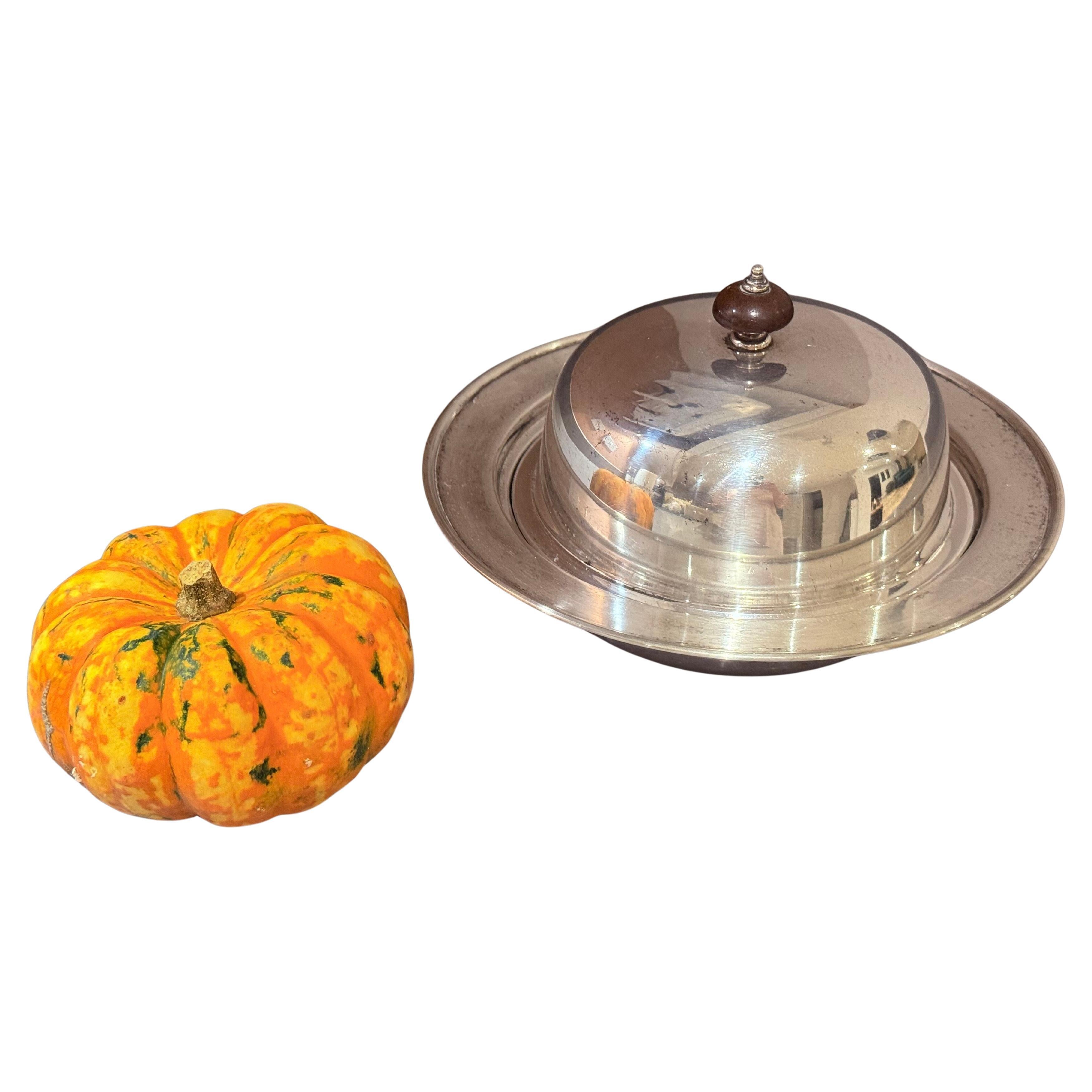 Antique Silver-Plated Butter Dish with Wooden Knob, Caviar Dish Tableware Home For Sale