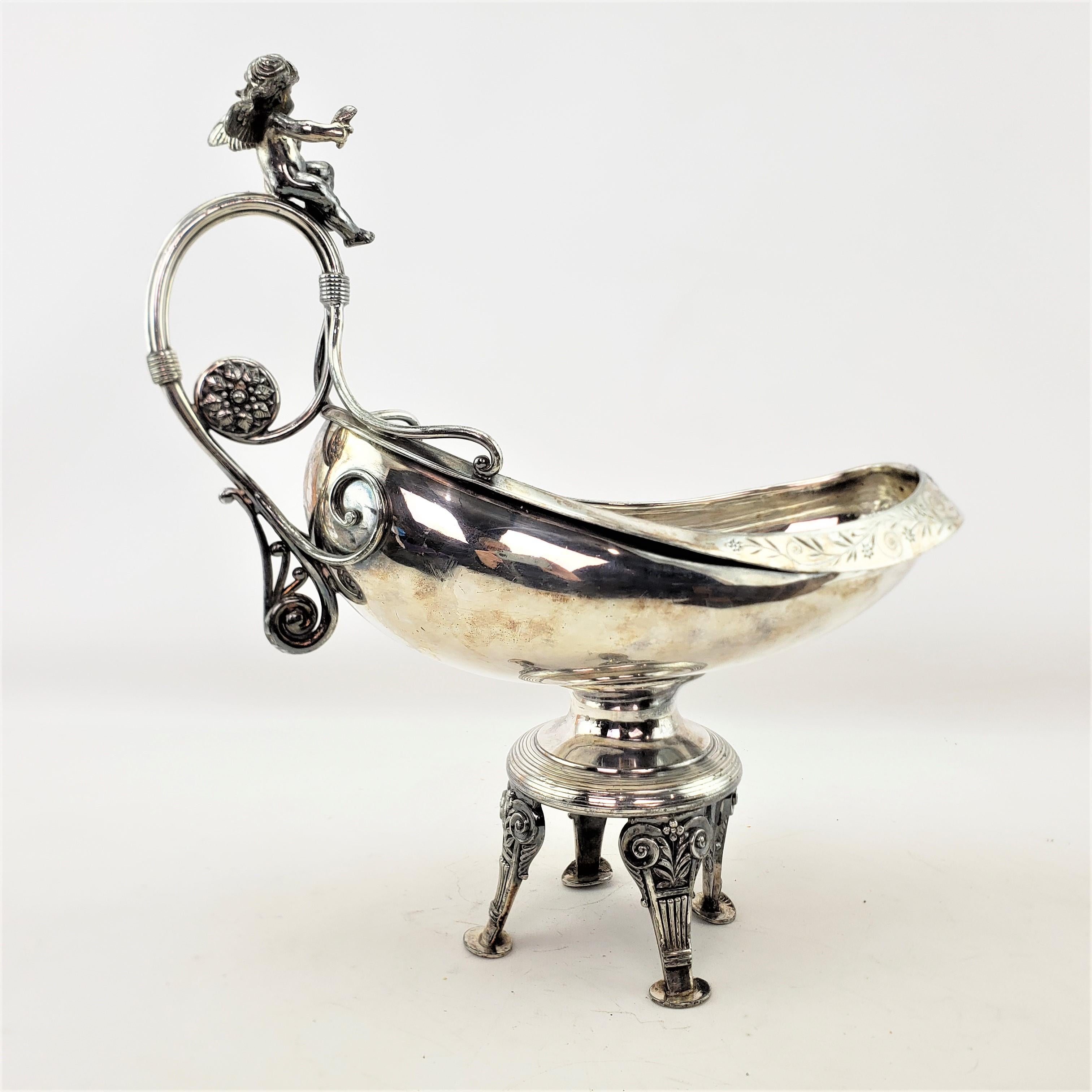 Antique Silver Plated Centerpiece Bowl with Figural Cherub & Floral Engraving In Good Condition For Sale In Hamilton, Ontario