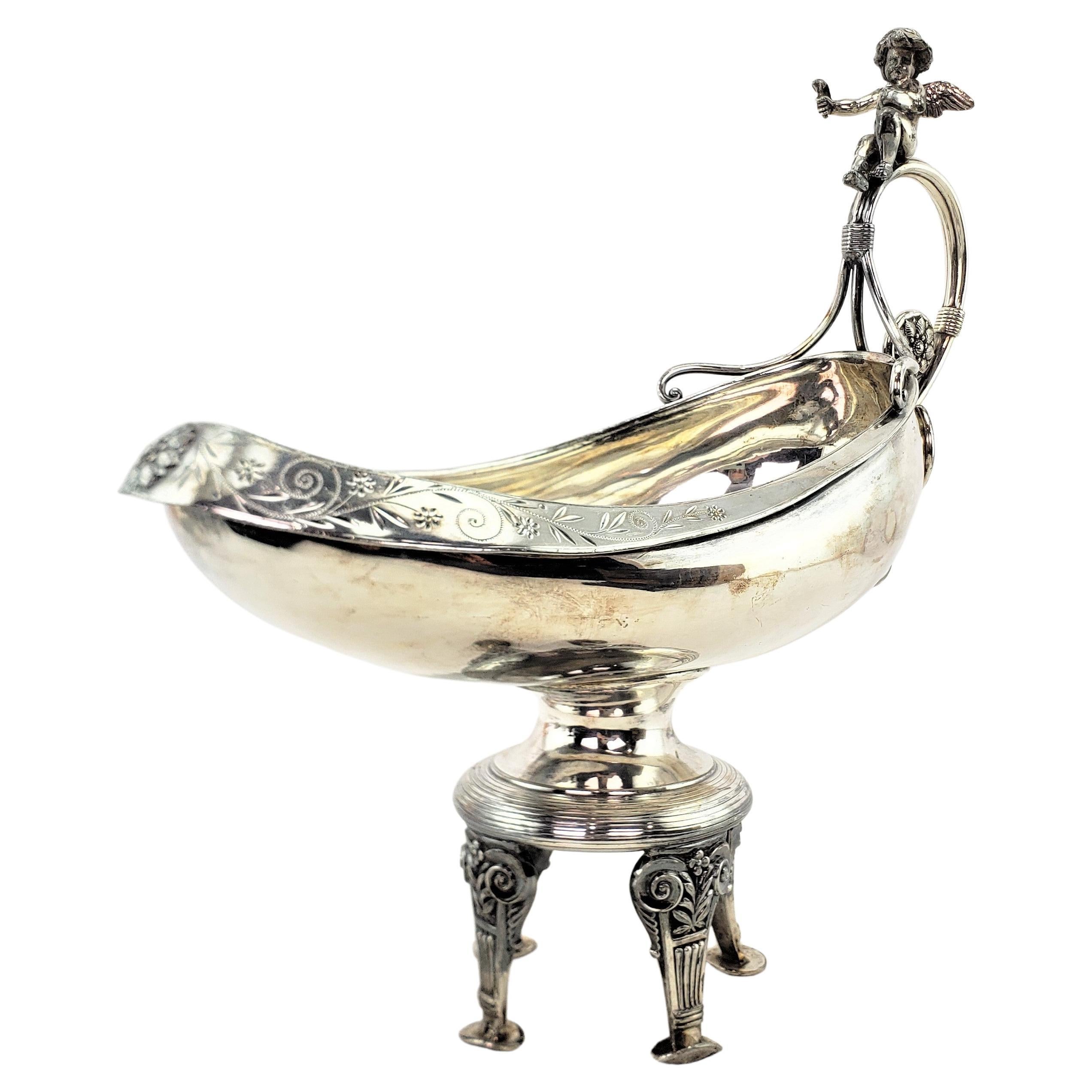 Antique Silver Plated Centerpiece Bowl with Figural Cherub & Floral Engraving For Sale