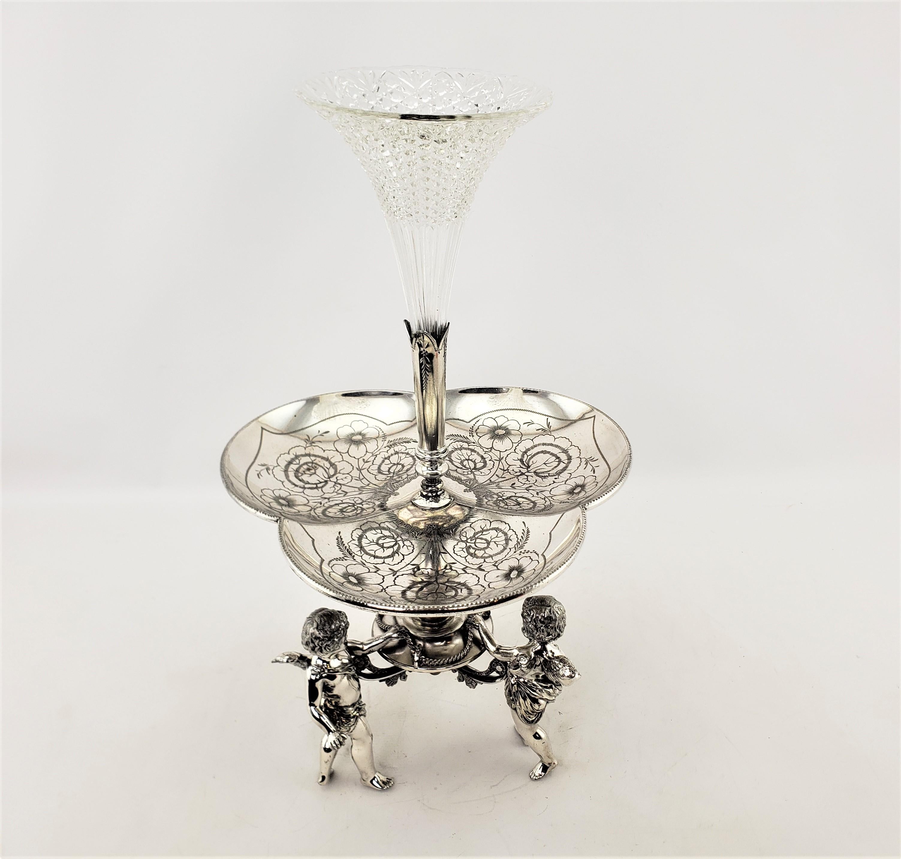Late Victorian Antique Silver Plated Centerpiece or Epergne with Figural Children Playing For Sale