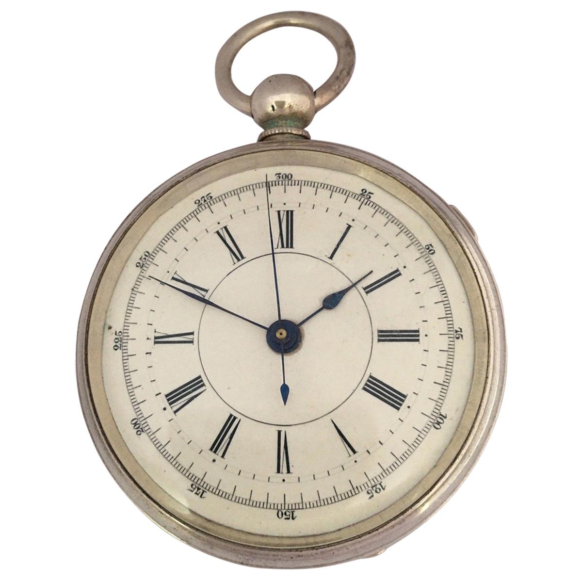 Antique Silver Plated Centre Seconds Chronograph Lever Pocket Watch For Sale