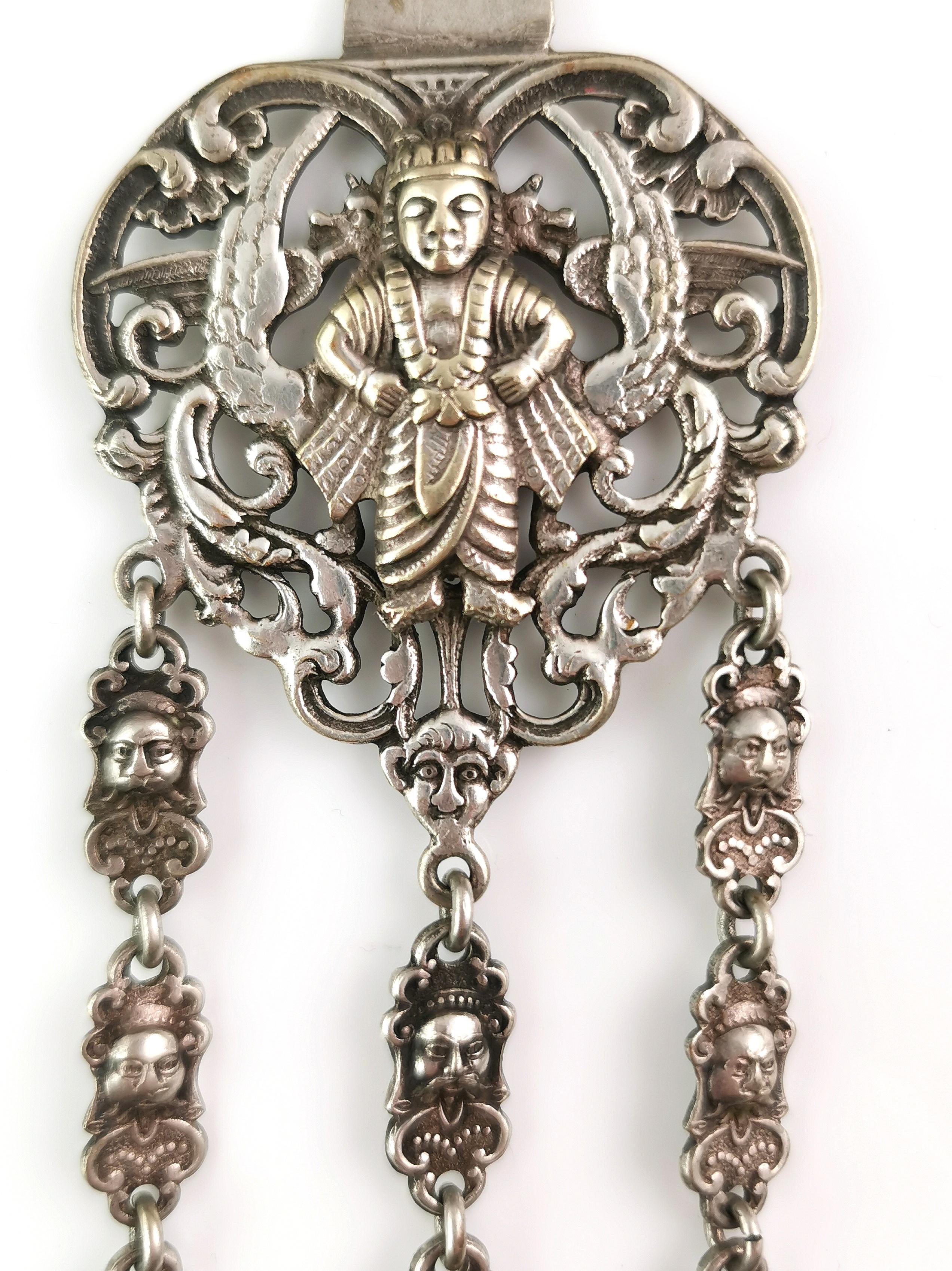 Silver Antique silver plated chatelaine, Buddhist Deities  For Sale