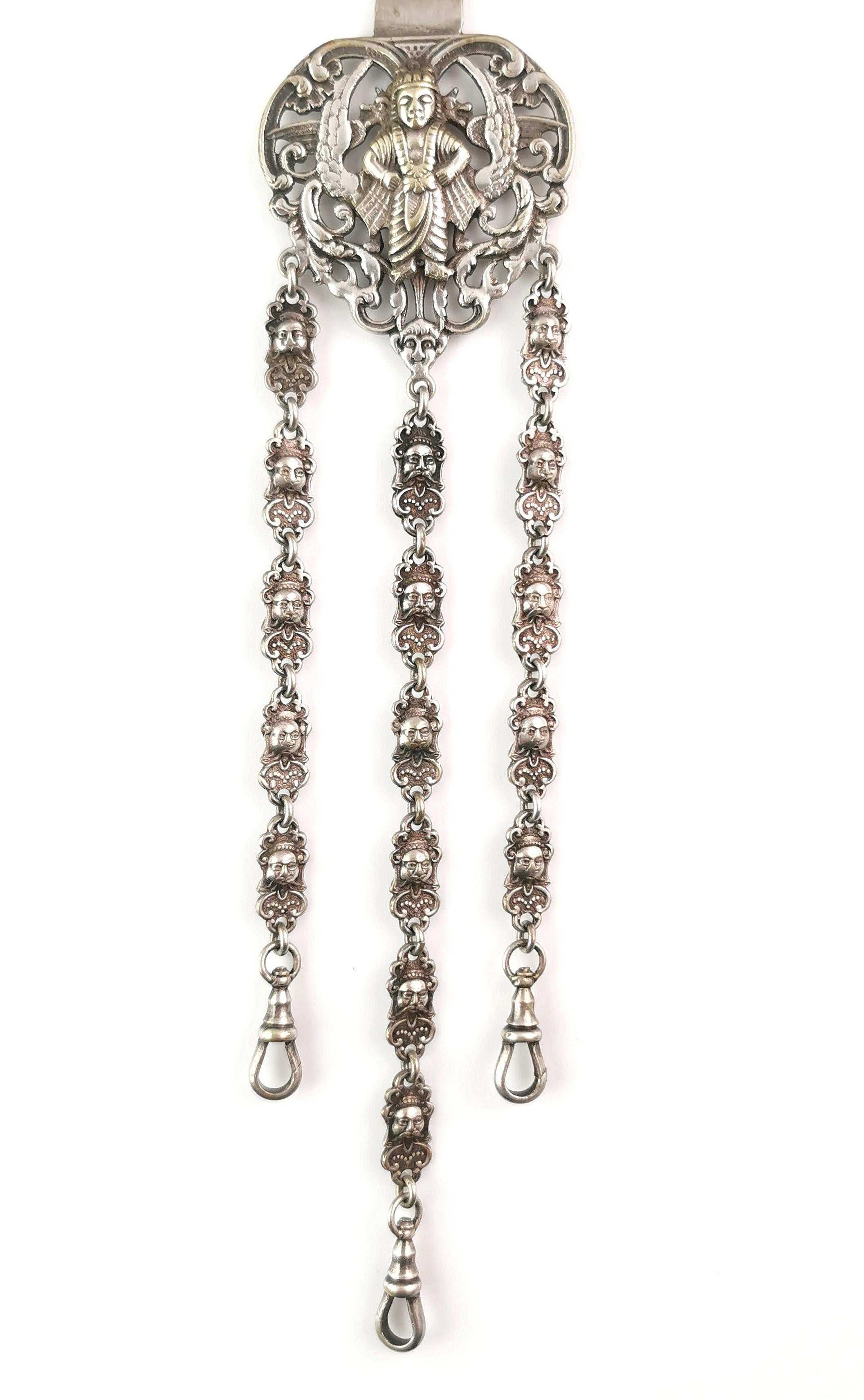 Antique silver plated chatelaine, Buddhist Deities  In Good Condition For Sale In NEWARK, GB