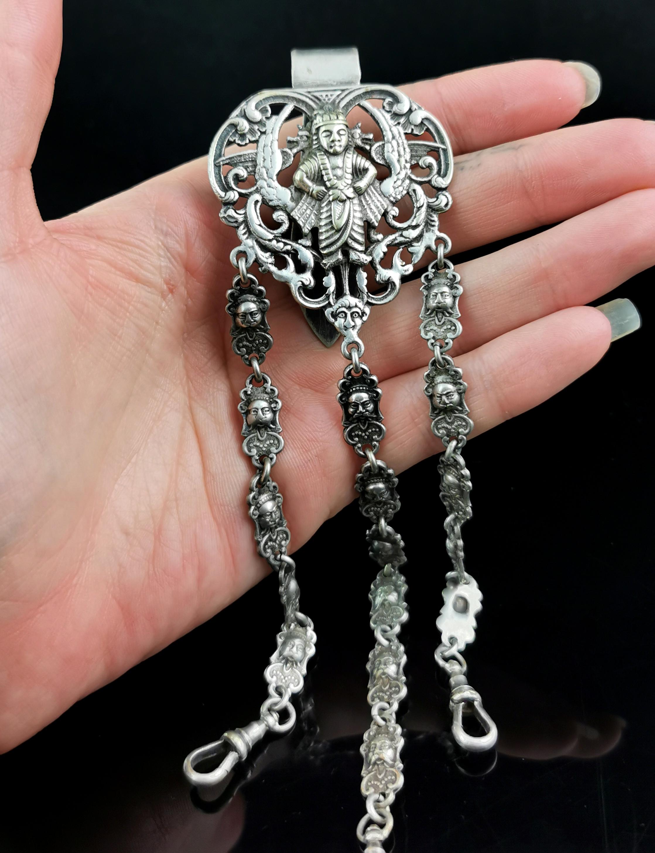 Antique silver plated chatelaine, Buddhist Deities  For Sale 4