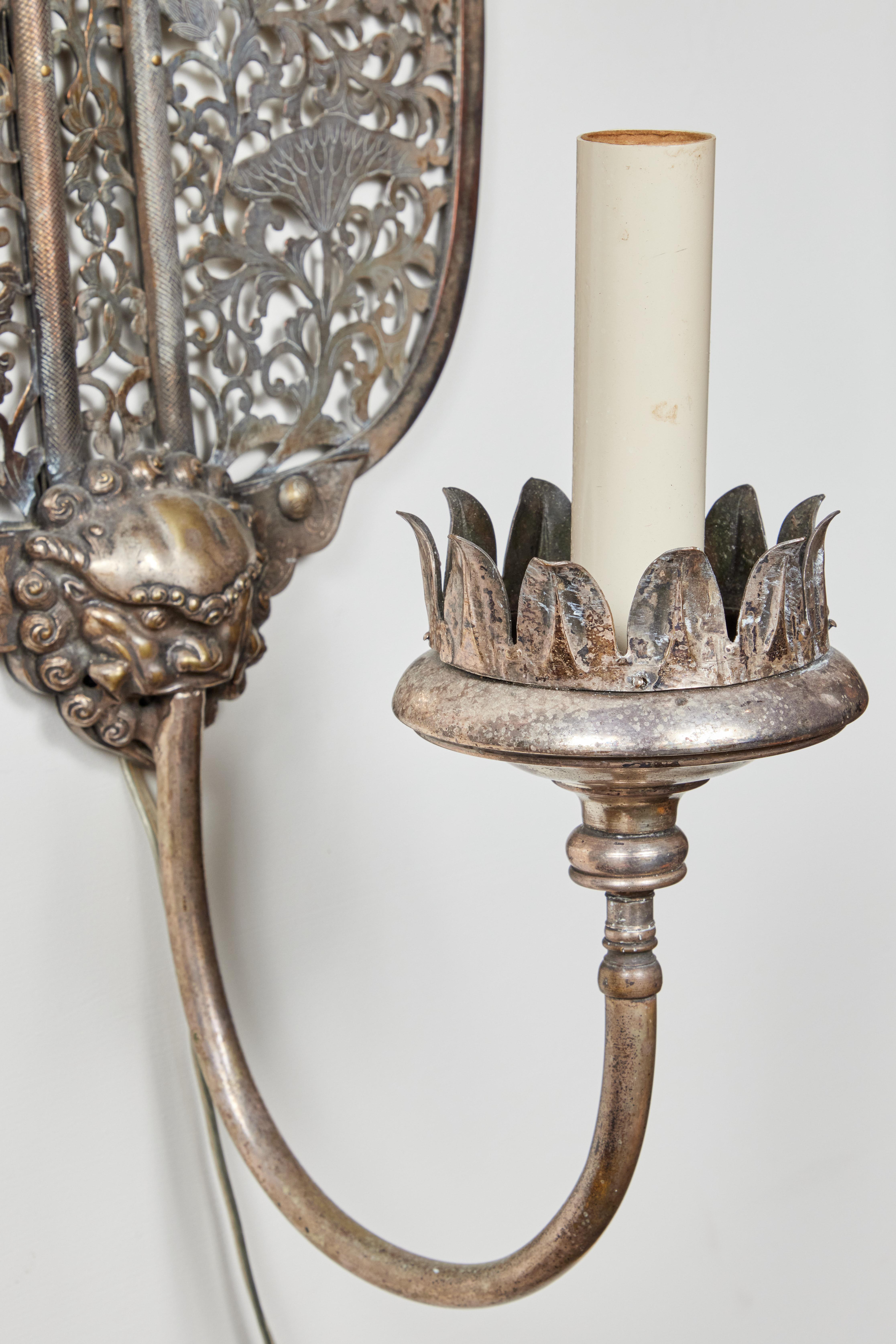 Antique, Silver Plated Chinoiserie Sconces For Sale 3