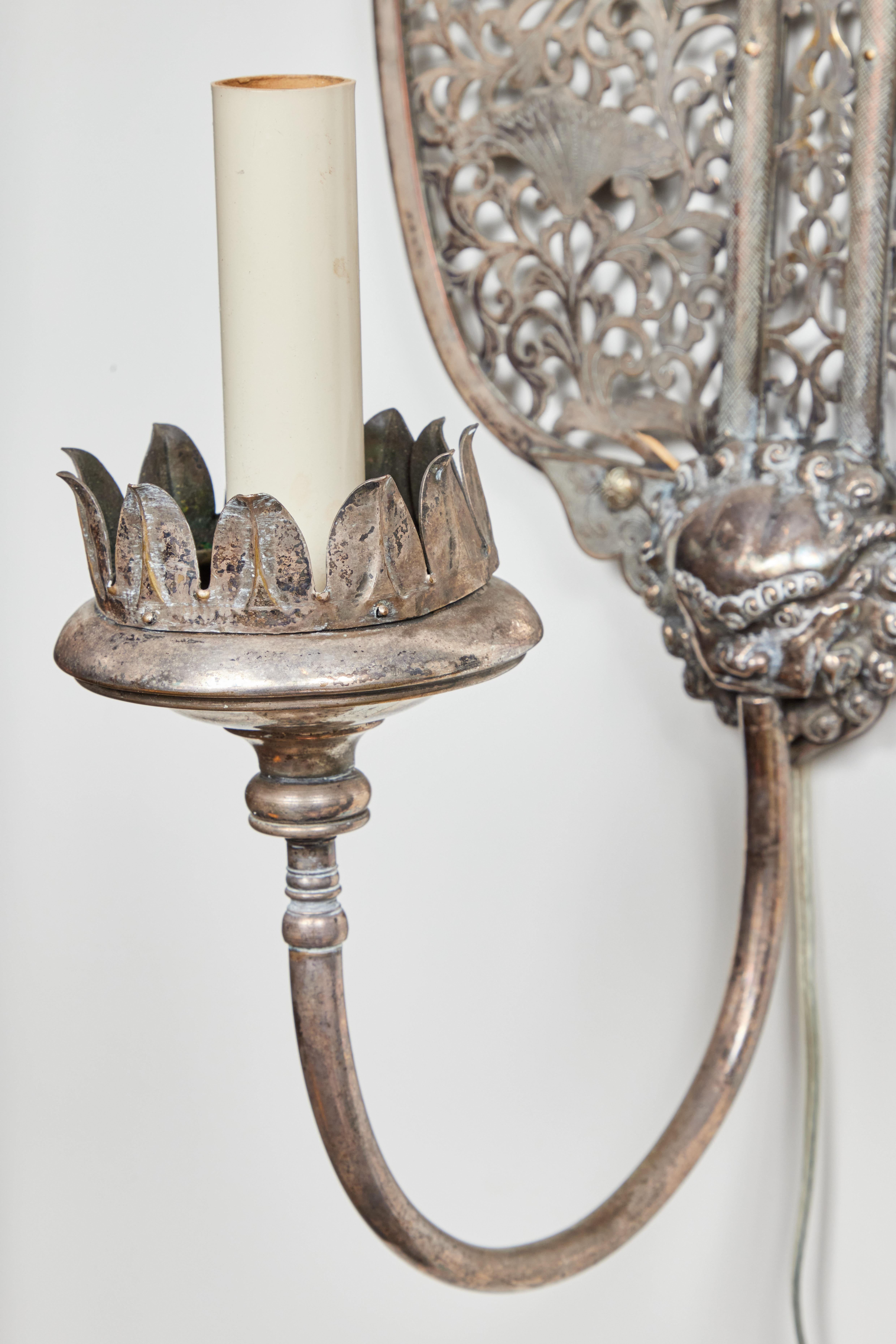 French Antique, Silver Plated Chinoiserie Sconces For Sale