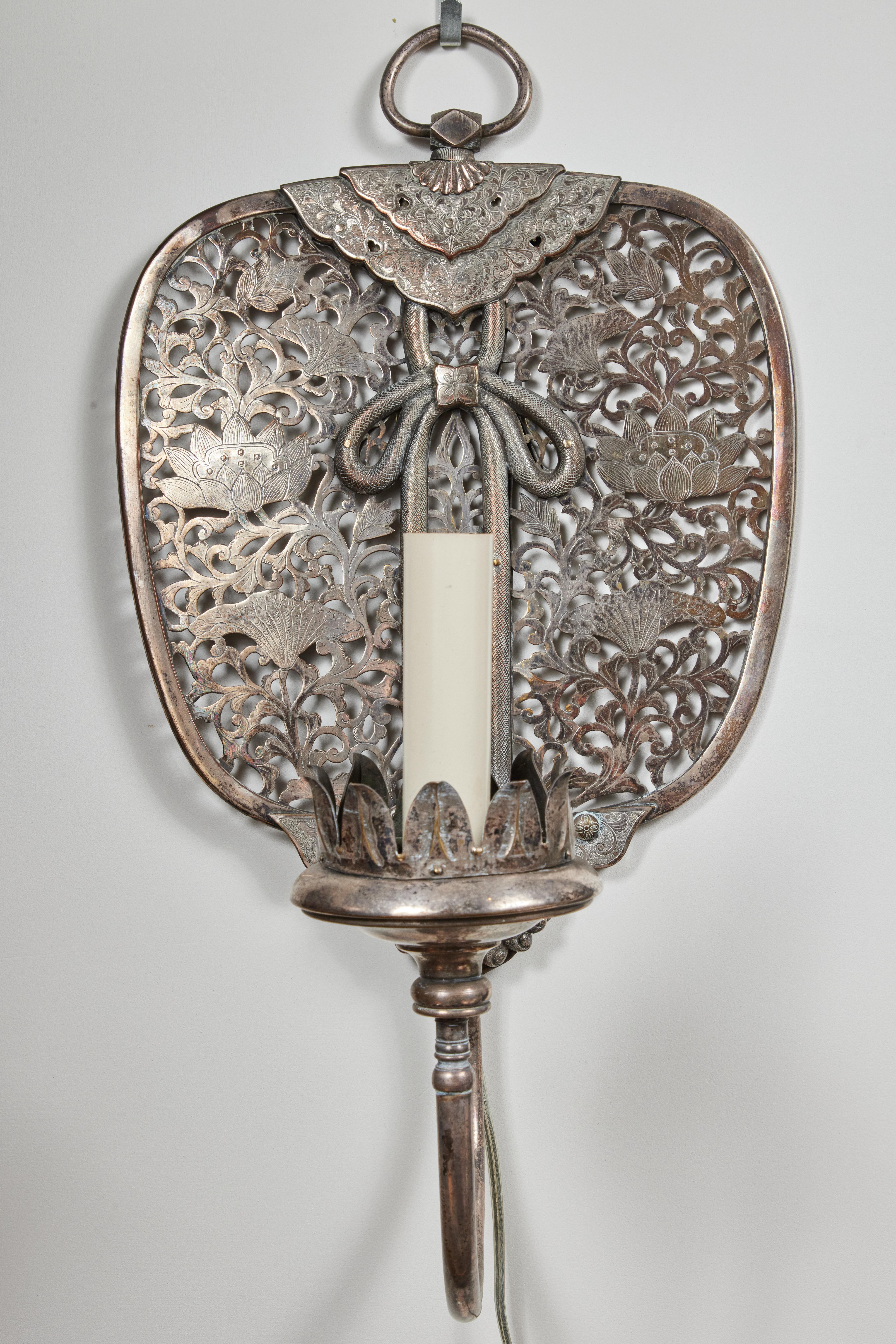 Metal Antique, Silver Plated Chinoiserie Sconces For Sale