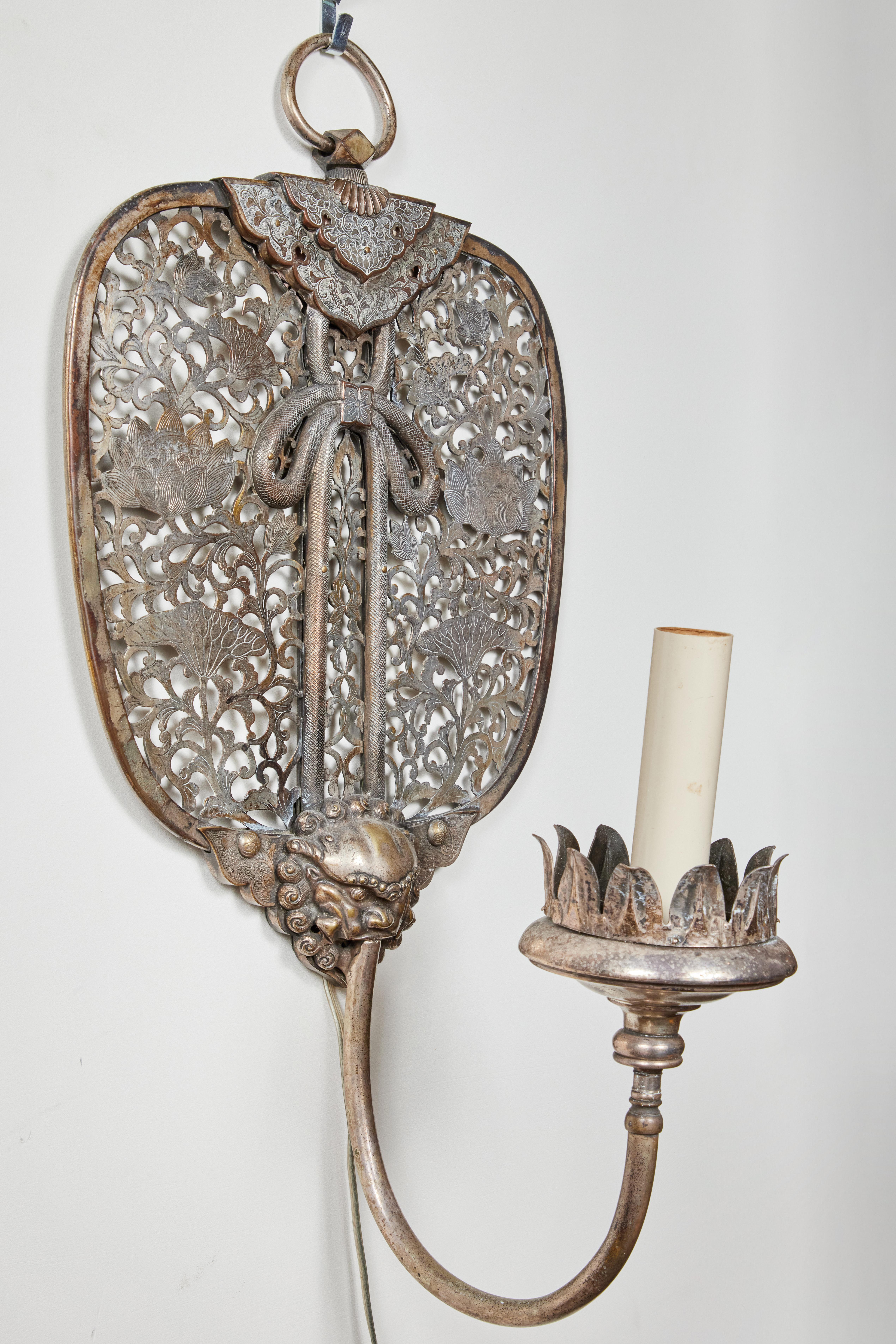 Antique, Silver Plated Chinoiserie Sconces For Sale 1