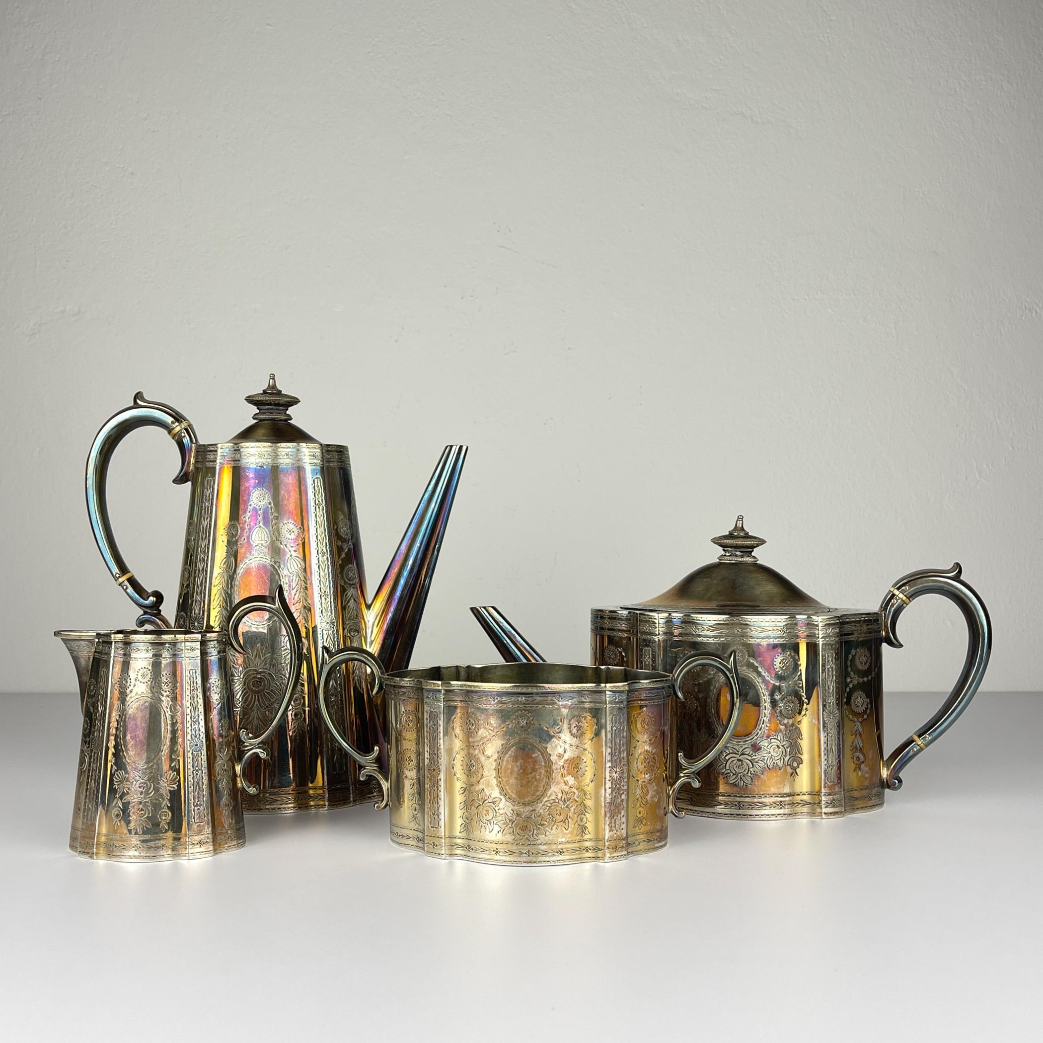 Antique silver plated coffee and tea set by Elkington & Co made in the United Kingdom in the 1880s.

Elkington & Co are one of the most important names in English Silver and Silver Plate. Elkington started in Birmingham in 1836, and experimented