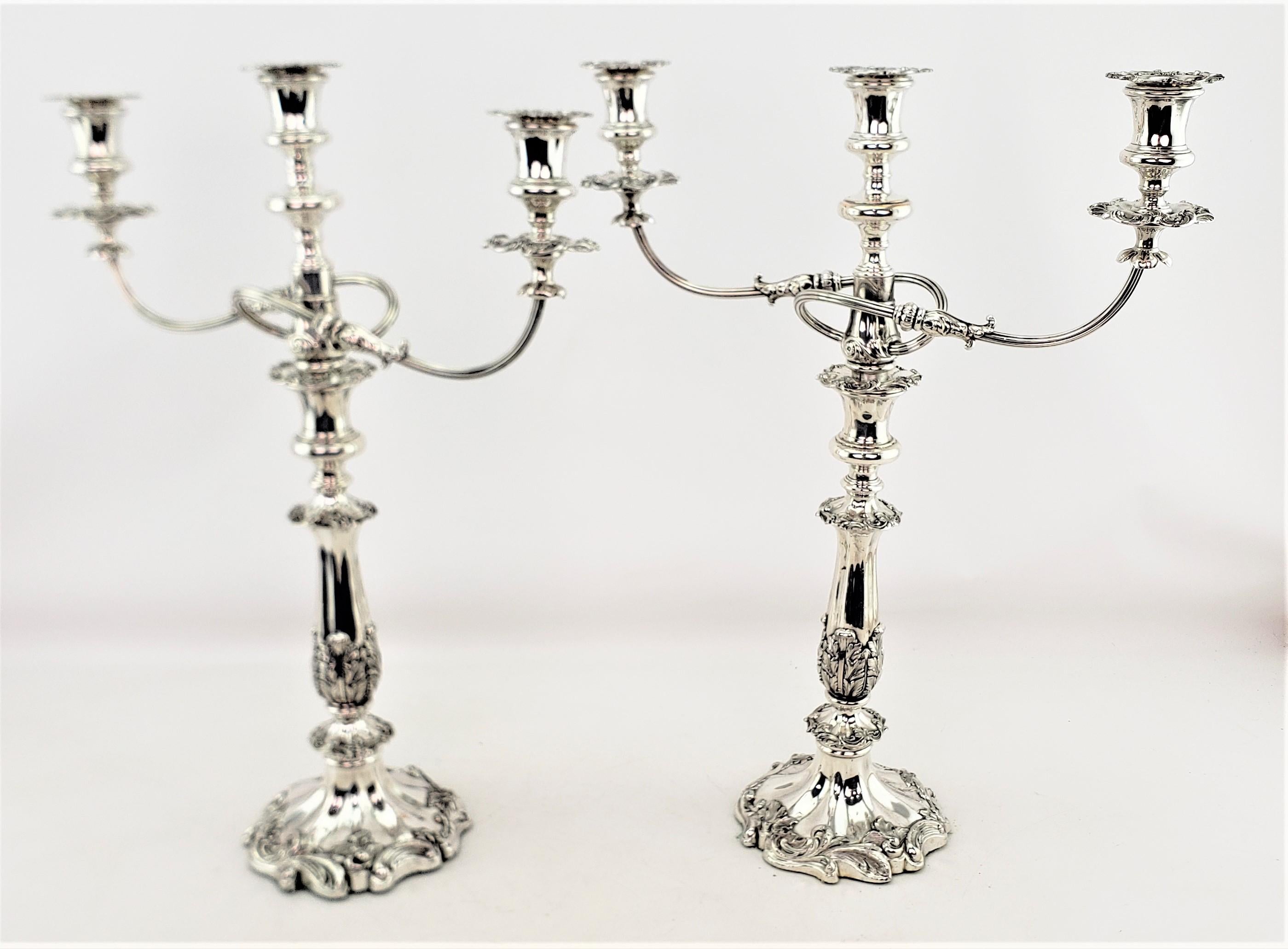 English Antique Silver Plated Convertible Candelabras or Candlesticks with Leaf Decor For Sale