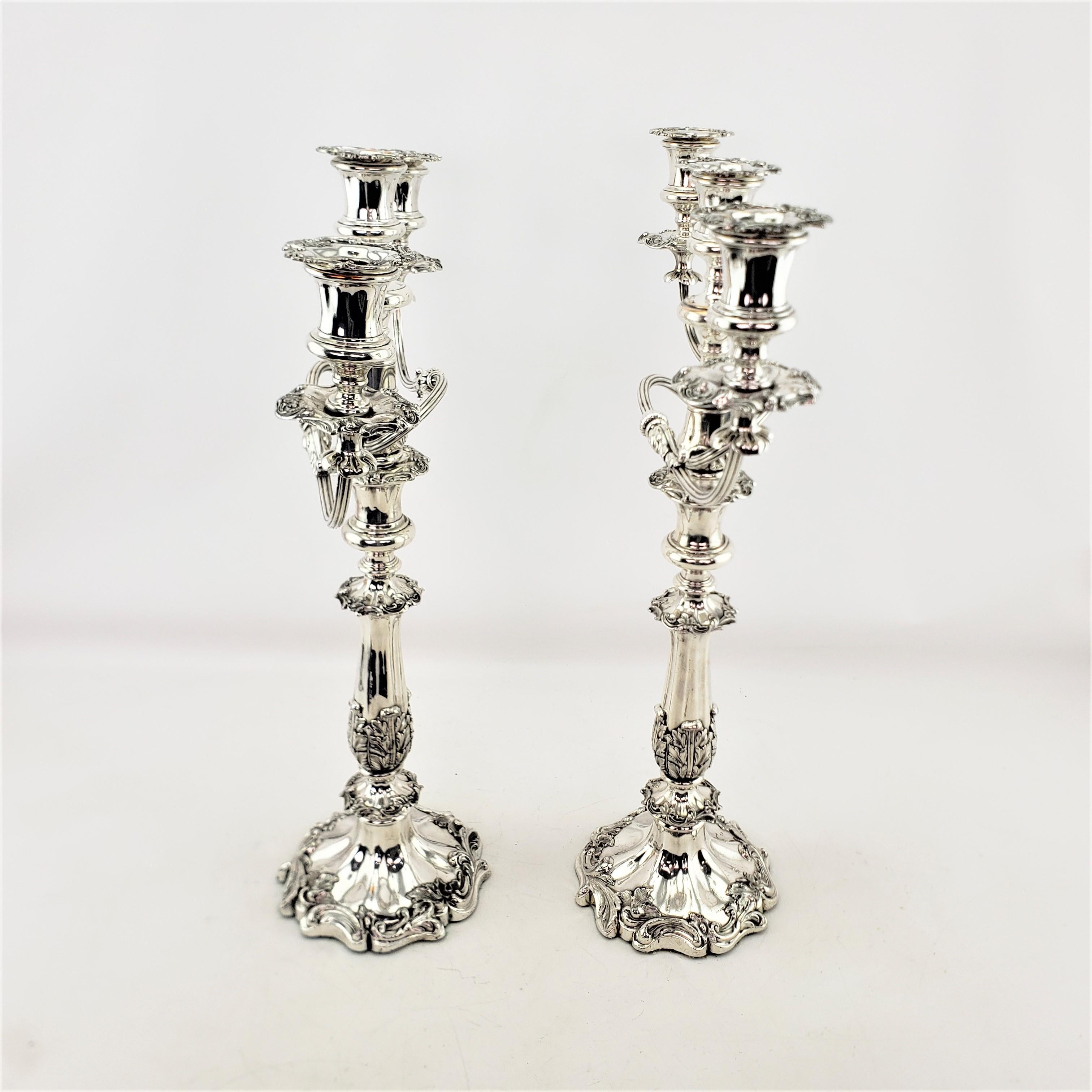 Machine-Made Antique Silver Plated Convertible Candelabras or Candlesticks with Leaf Decor For Sale