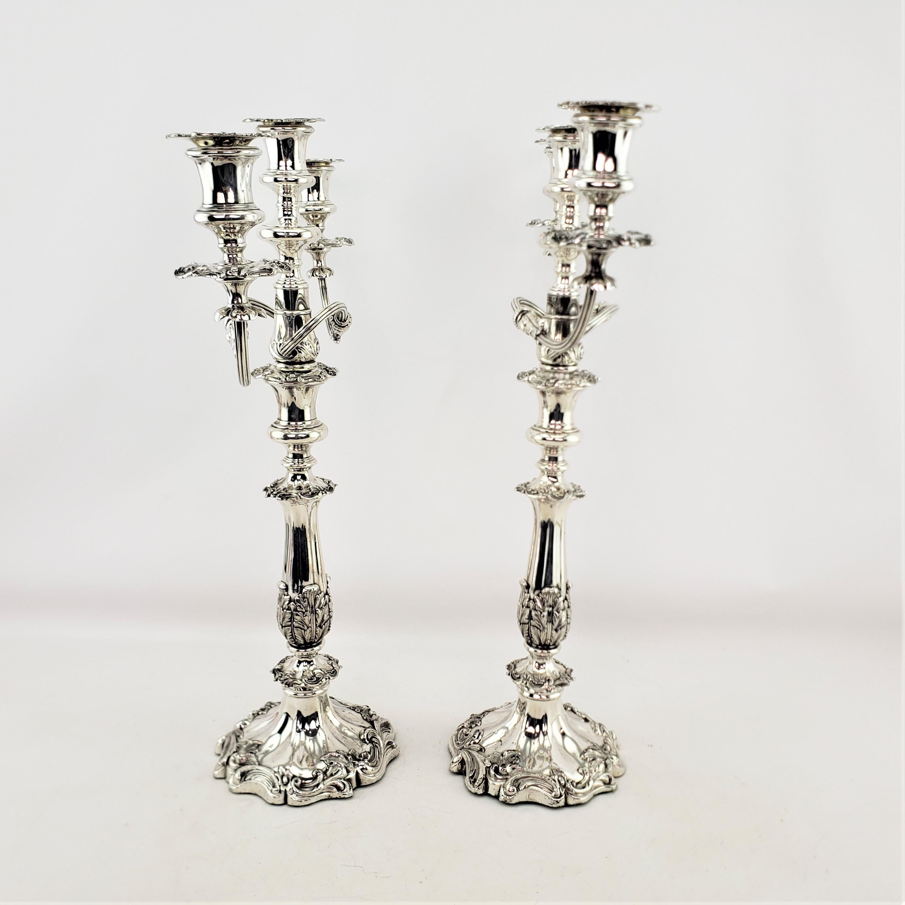 19th Century Antique Silver Plated Convertible Candelabras or Candlesticks with Leaf Decor For Sale