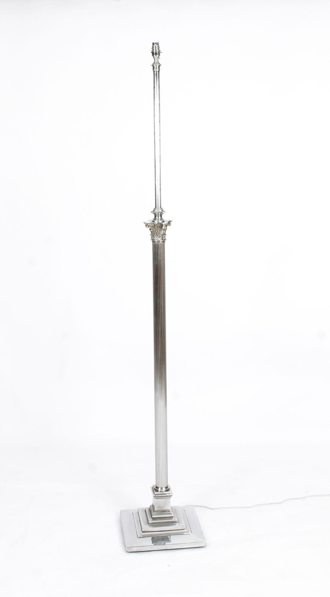 English Antique Silver Plated Corinthian Column Telescopic Standard Lamp, 19th Century