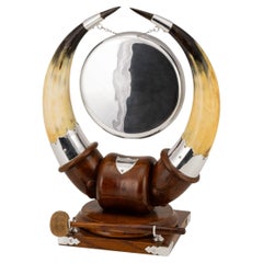 Antique Silver-Plated Dinner Gong on Oak Stand, Rustic Charm, 1900