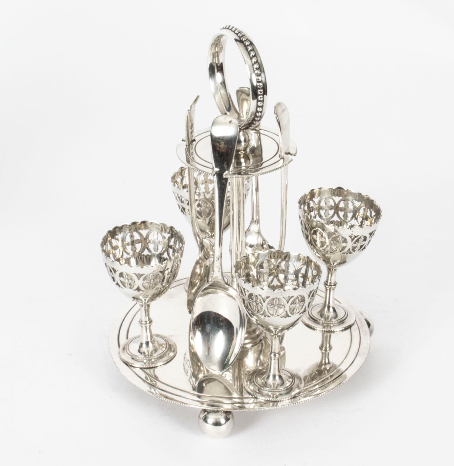 Antique Silver Plated Egg Cruet with Spoons, 19th Century 10