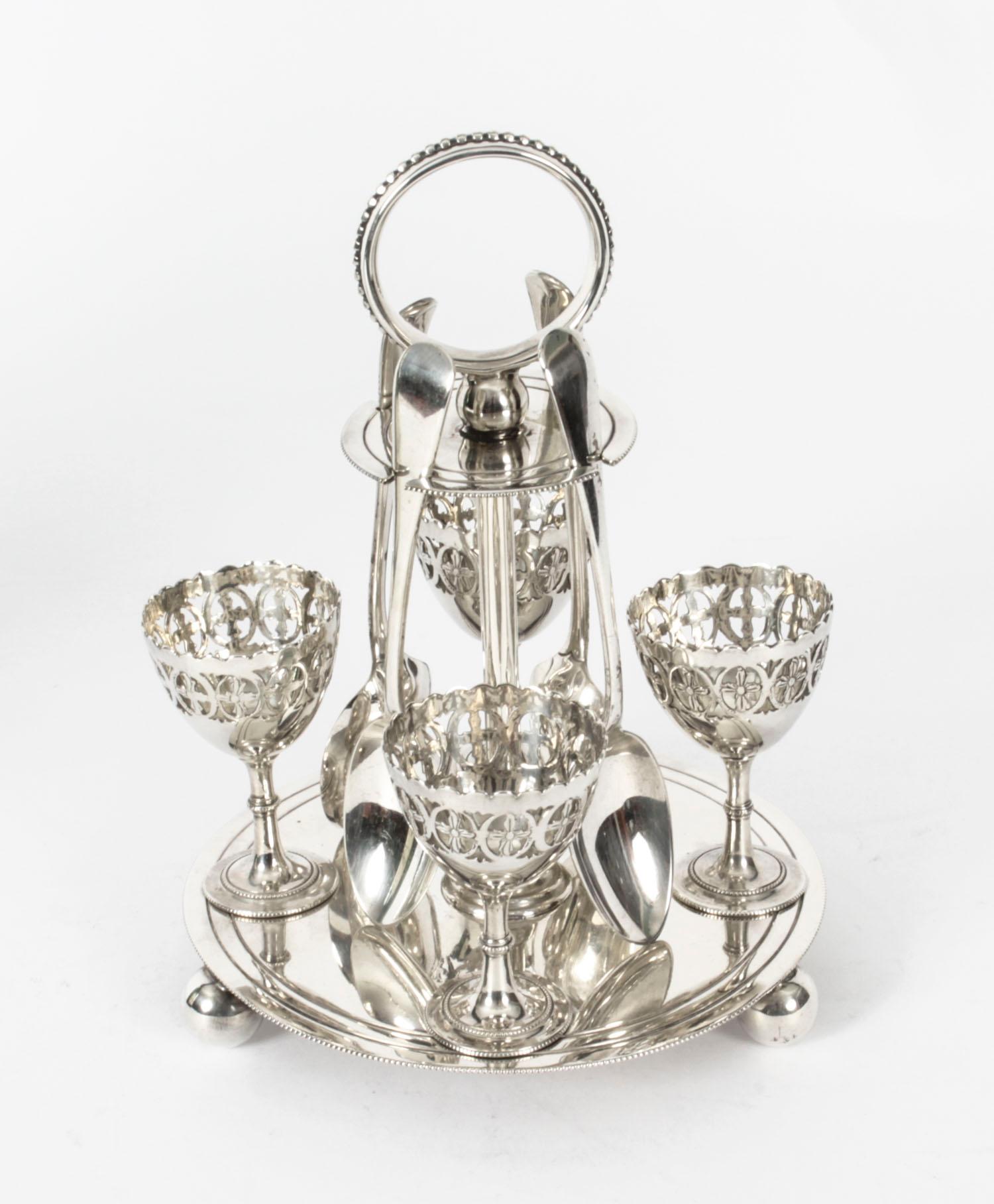 A superb antique silver plated egg cruet, with four egg cups and four spoons, Circa 1900 in date.

The underside bears the makers mark J.R &S for Joseph Rogers * Sons, of Sheffield England
 
Condition:
In excellent condition with clear makers