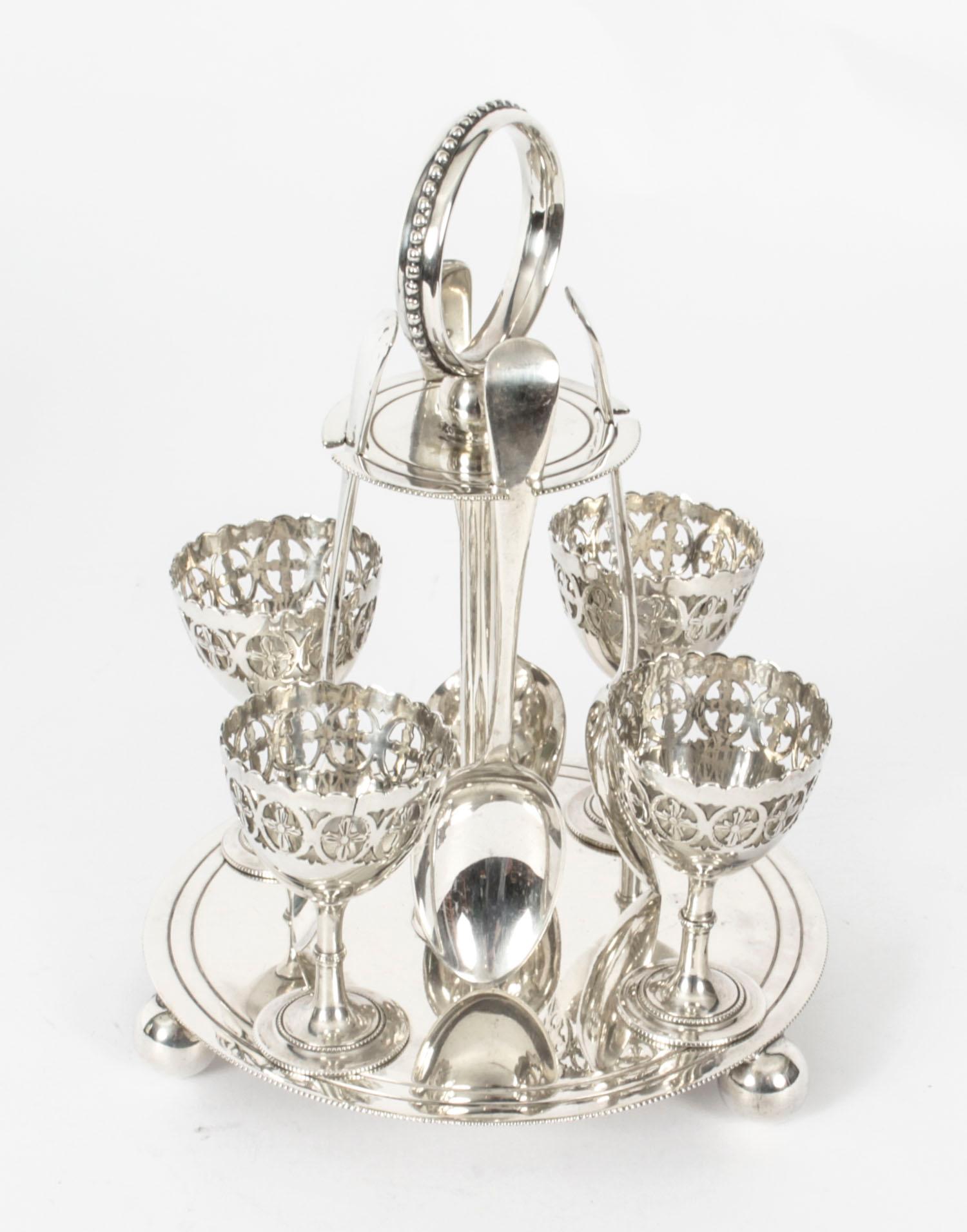 English Antique Silver Plated Egg Cruet with Spoons, 19th Century