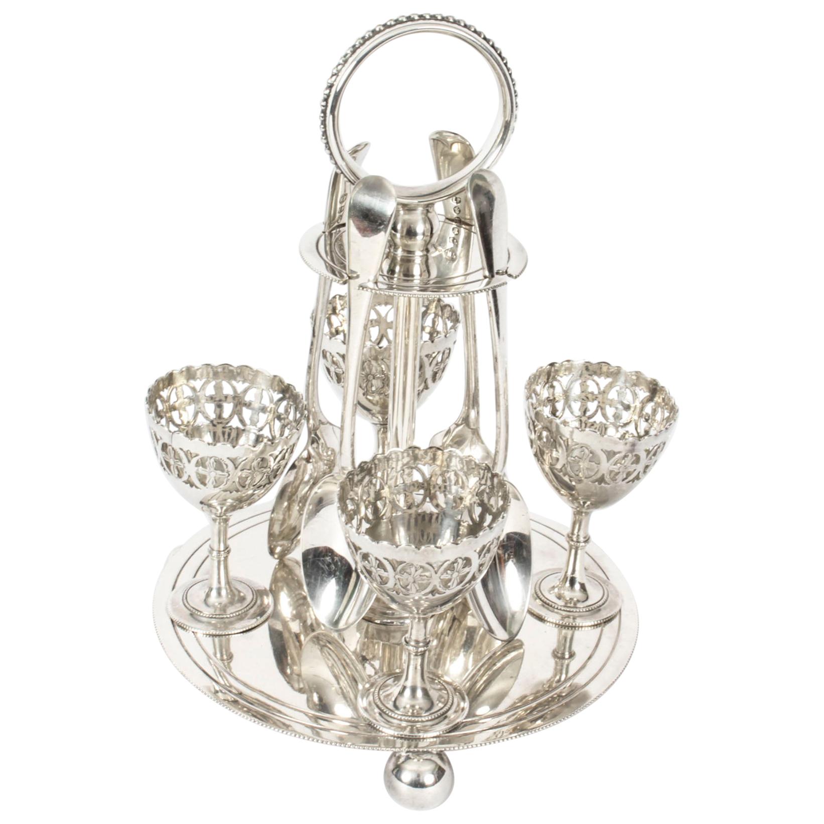 Antique Silver Plated Egg Cruet with Spoons, 19th Century