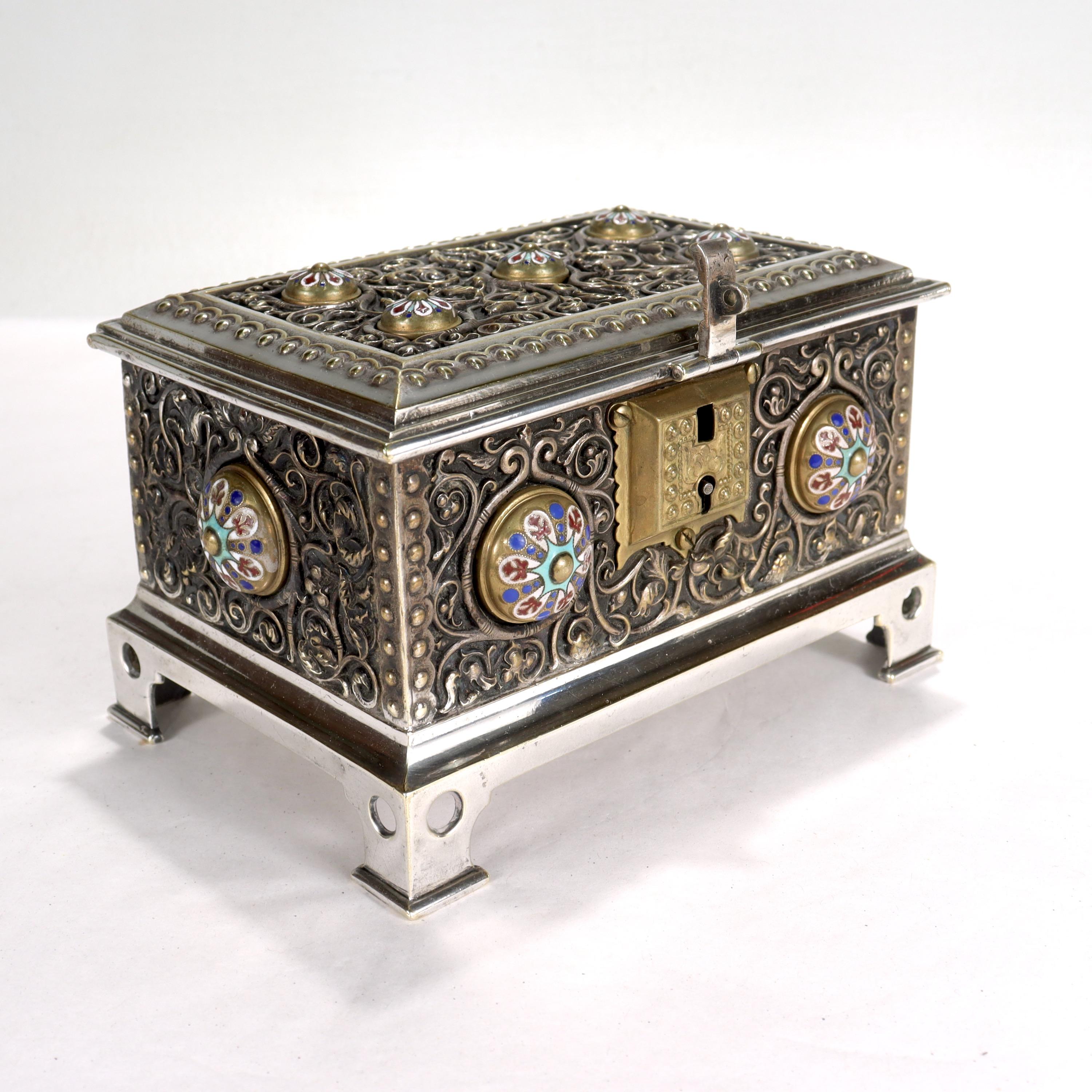 Russian Revival Antique Silver Plated & Enameled Table Box or Casket in the Russian Taste For Sale