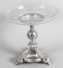 Antique Silver Plated & Engraved Glass Comport Centerpiece 19th Century