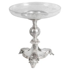 Antique Silver Plated & Engraved Glass Comport Centerpiece 19th Century