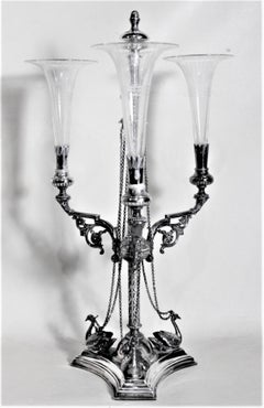 Silver Plated Eperne or Centerpiece with Etched Glass Trumpets & Figural Swans