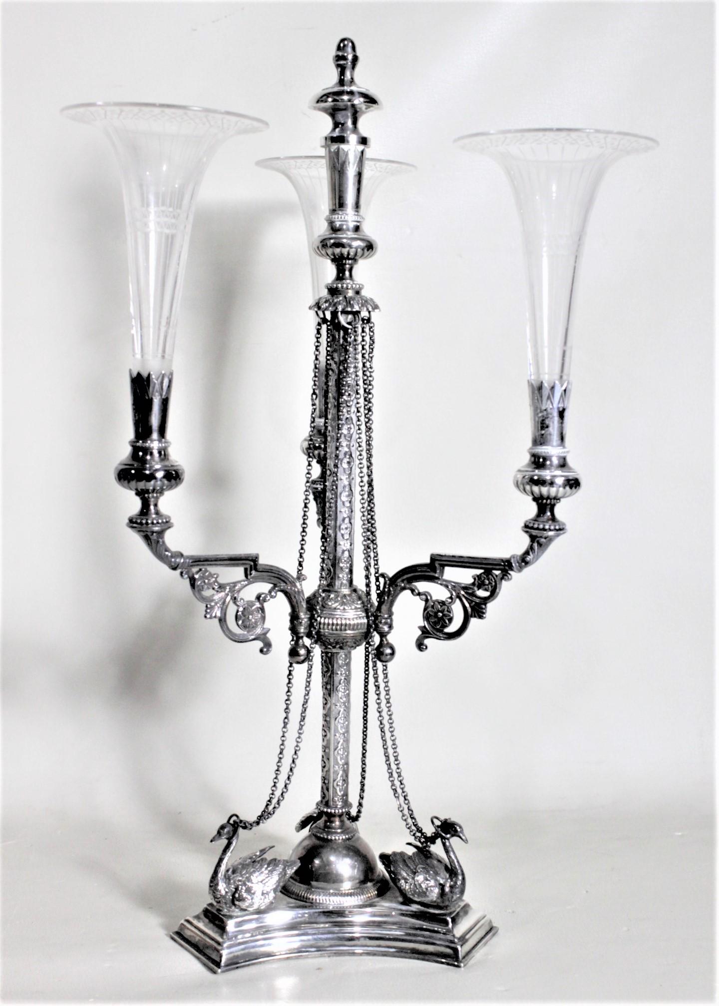 Edwardian Silver Plated Eperne or Centerpiece with Etched Glass Trumpets & Figural Swans For Sale