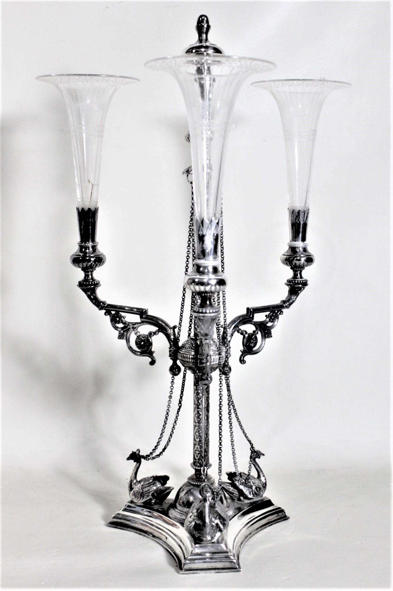 English Silver Plated Eperne or Centerpiece with Etched Glass Trumpets & Figural Swans For Sale