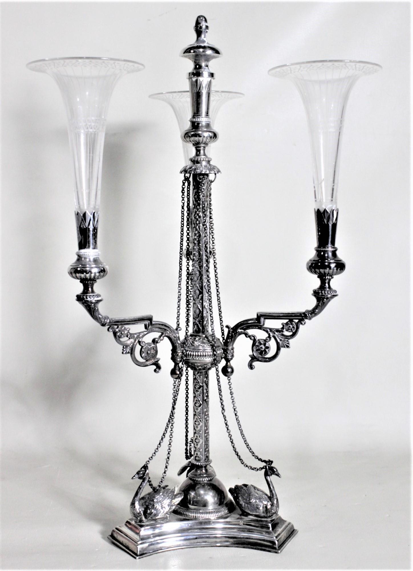 Silver Plated Eperne or Centerpiece with Etched Glass Trumpets & Figural Swans For Sale 1