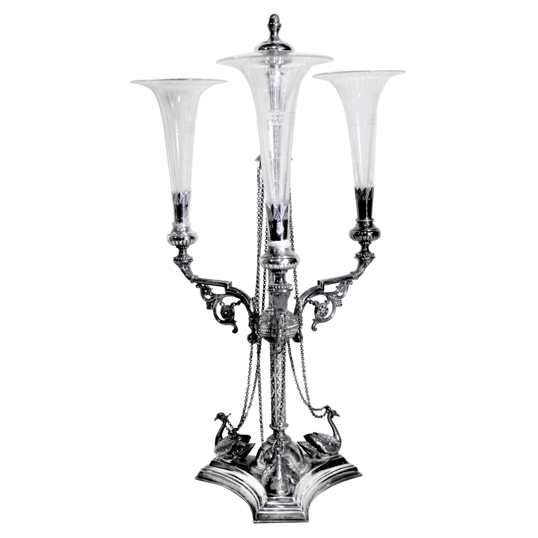 Silver Plated Eperne or Centerpiece with Etched Glass Trumpets & Figural Swans For Sale
