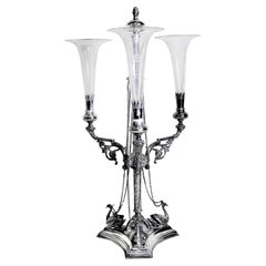 Antique Silver Plated Eperne or Centerpiece with Etched Glass Trumpets & Figural Swans