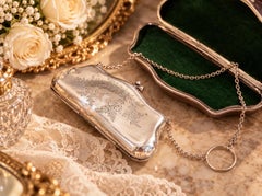 Borsa da sera vintage placcata argento con catenella ad anelli e interno in velluto verde