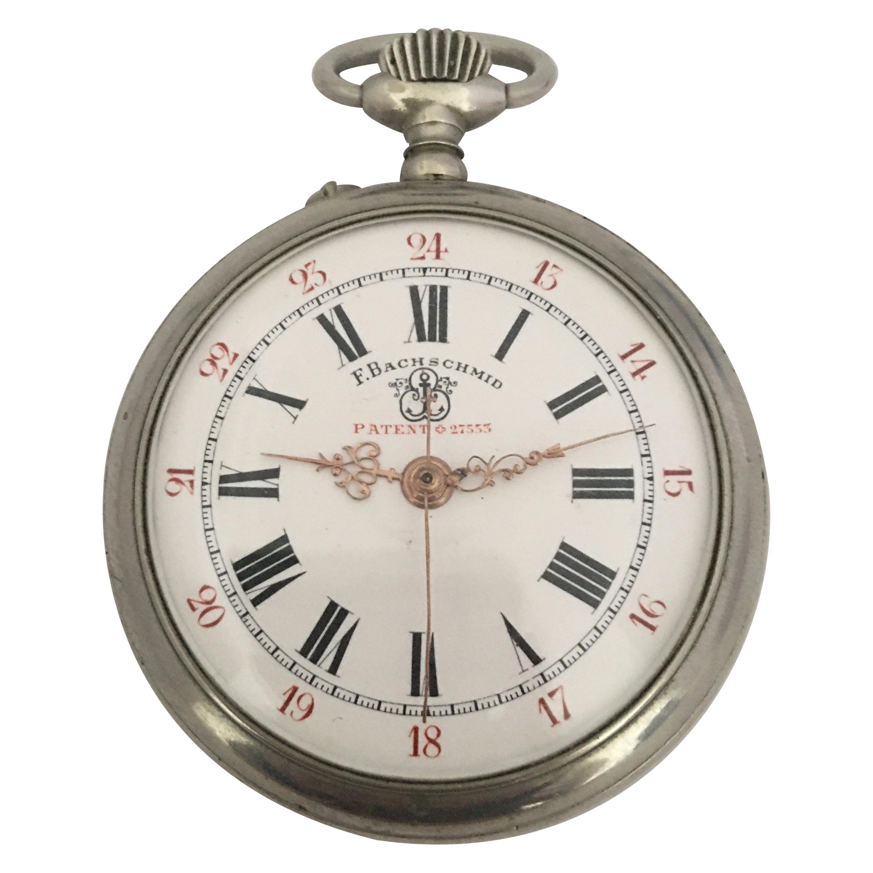 Antique Silver Plated F.Bachschmid Open Face Pocket Watch Swiss, 1900s For Sale