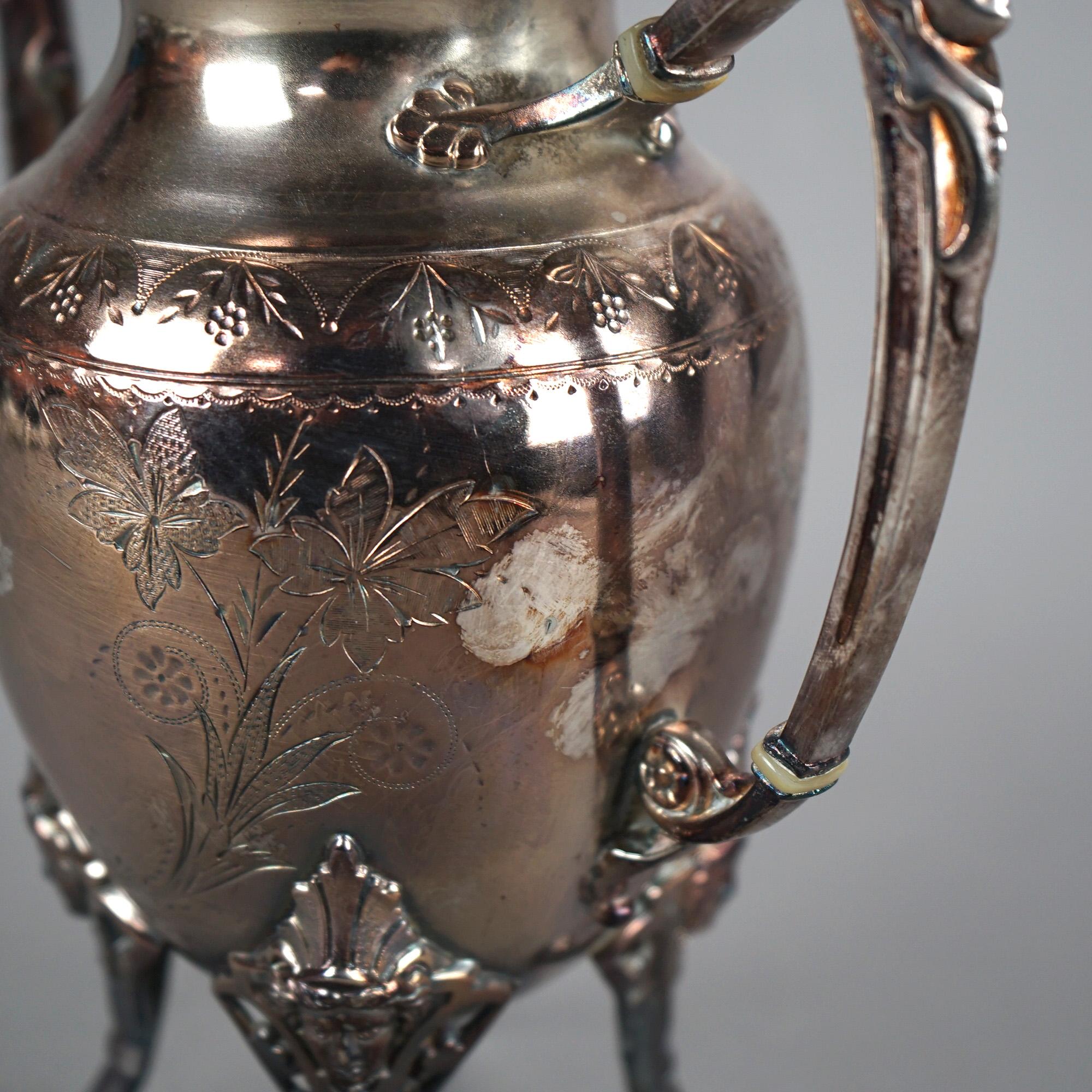 Antique Silver Plated Footed & Figural Teapot with Foliate Engraving C1890 In Good Condition In Big Flats, NY