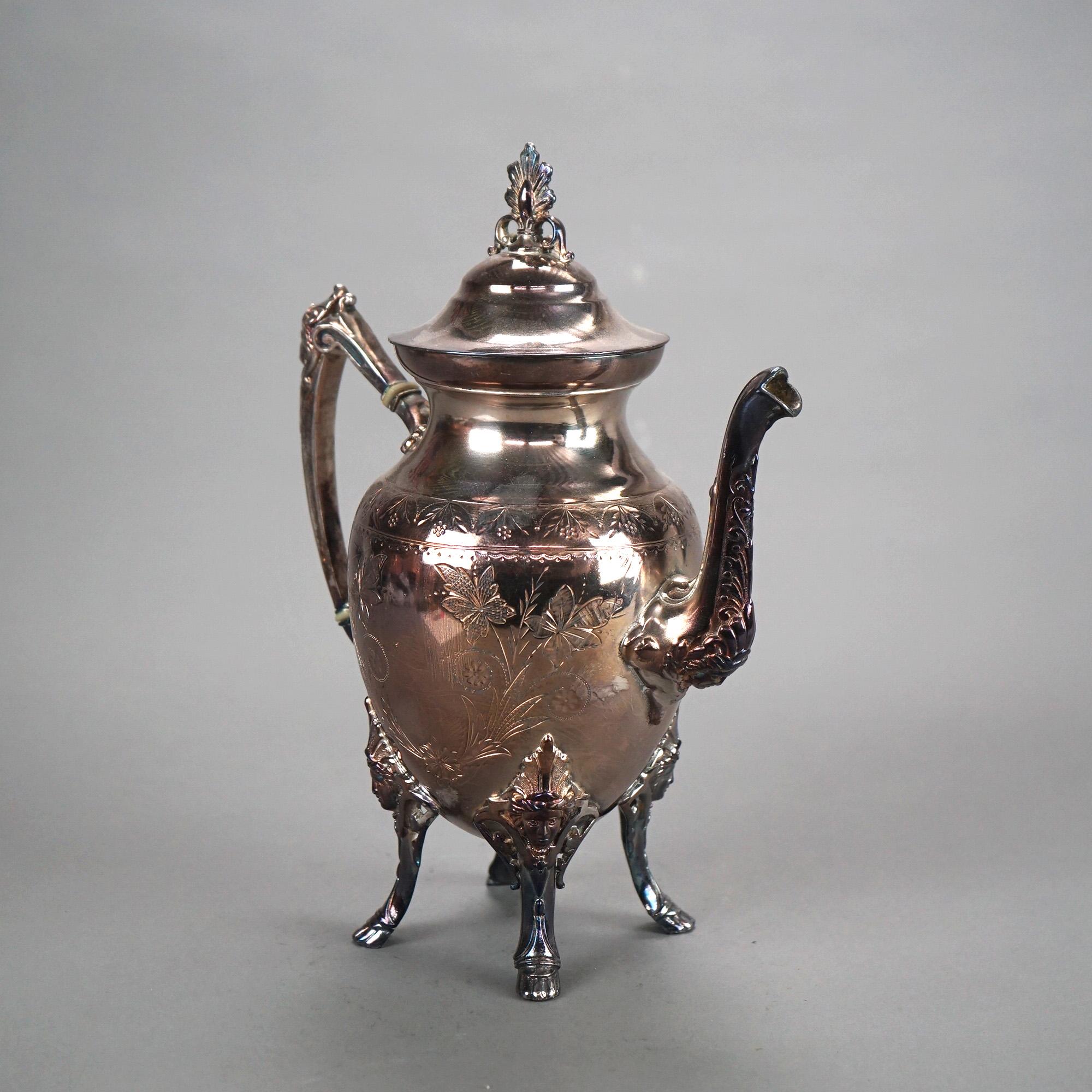 19th Century Antique Silver Plated Footed & Figural Teapot with Foliate Engraving C1890